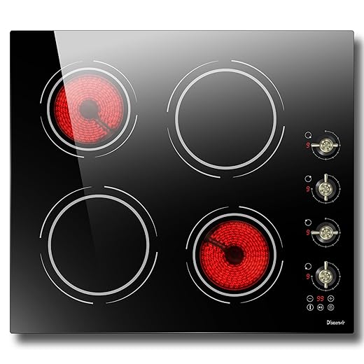 24 Inch Electric Cooktop - 4 Burner Drop-in Glass Ceramic Stove Top 6000W, 220V Radiant Electric Stove, 9 Power Level, Pause Key, Safety Lock, Touch & Knob Control, 240V Hard Wired (No Plug)