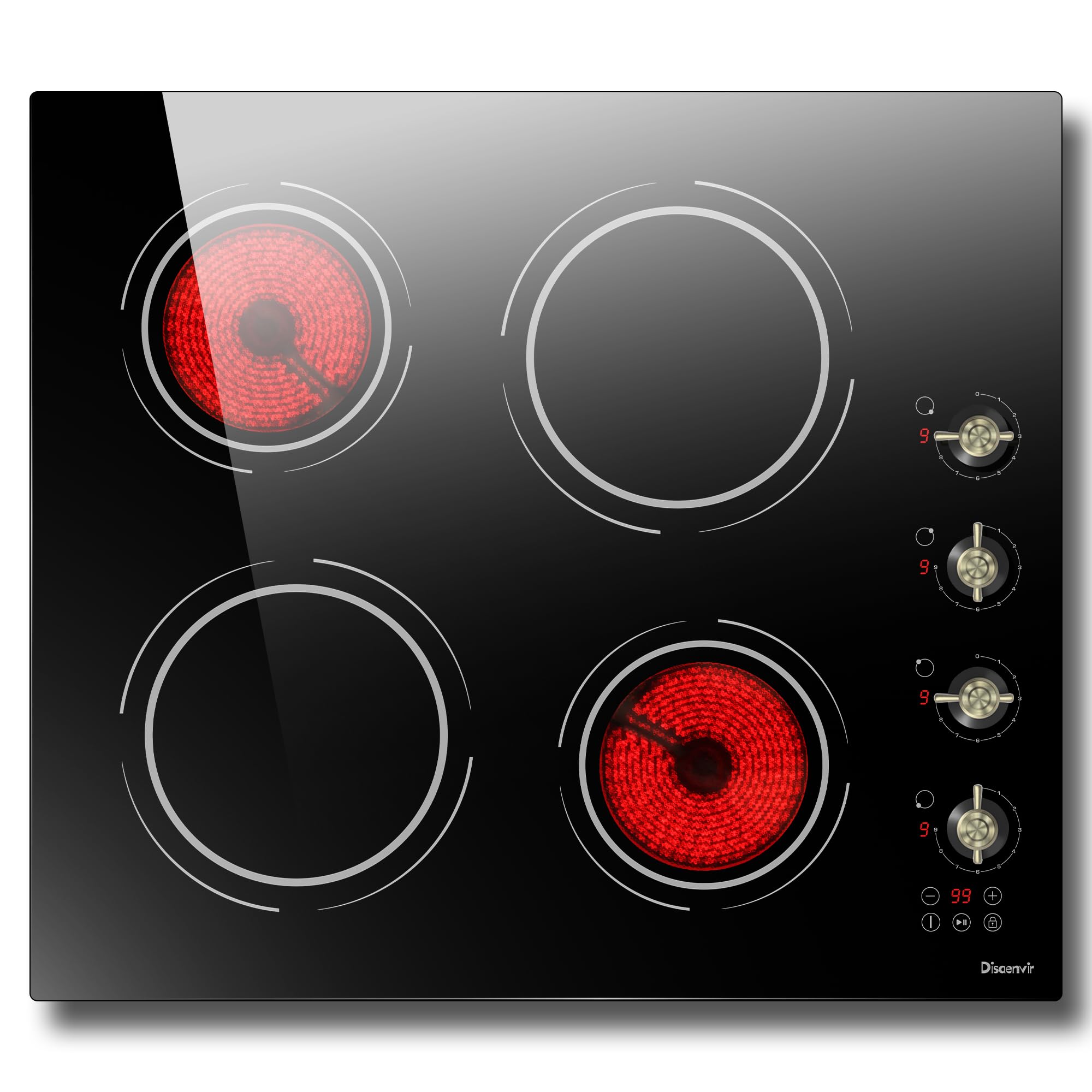 24 Inch Electric Cooktop - 4 Burner Drop-in Glass Ceramic Stove Top 6000W, 220V Radiant Electric Stove, 9 Power Level, Pause Key, Safety Lock, Touch & Knob Control, 240V Hard Wired (No Plug)