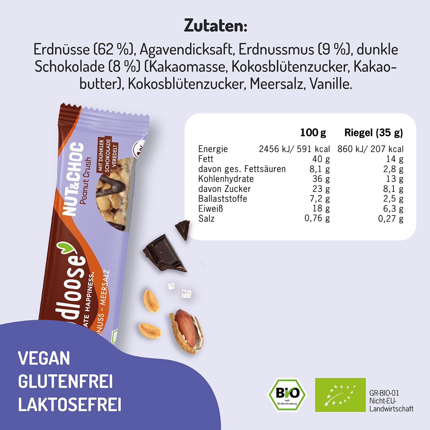 foodloose Bio-Nut&Choc Riegel Peanut Crush | Vegane, laktose- und glutenfreie Bio-Nussriegel ohne raffinierten Zucker | Dunkle Schokolade, Erdnuss & Meersalz | Vorteilspack (24 Riegel x 35g)