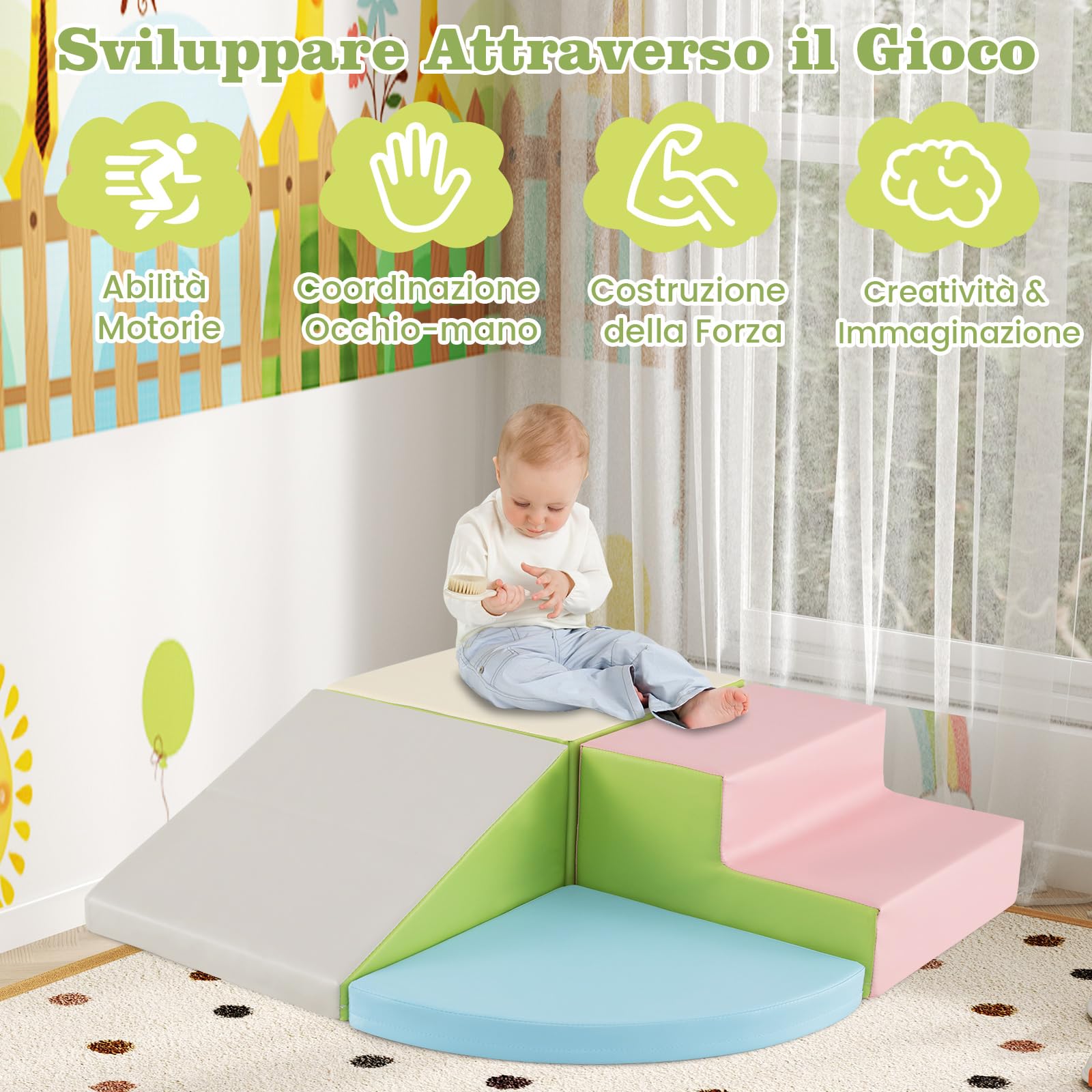COSTWAY Set di Blocchi in Schiuma per Bambini 4 Pezzi, Set di Costruzioni Morbide in PU + EPE per Sviluppo dei Bambini, Gioco Attivo Interno per Arrampicarsi e Gattonare (Rosa)