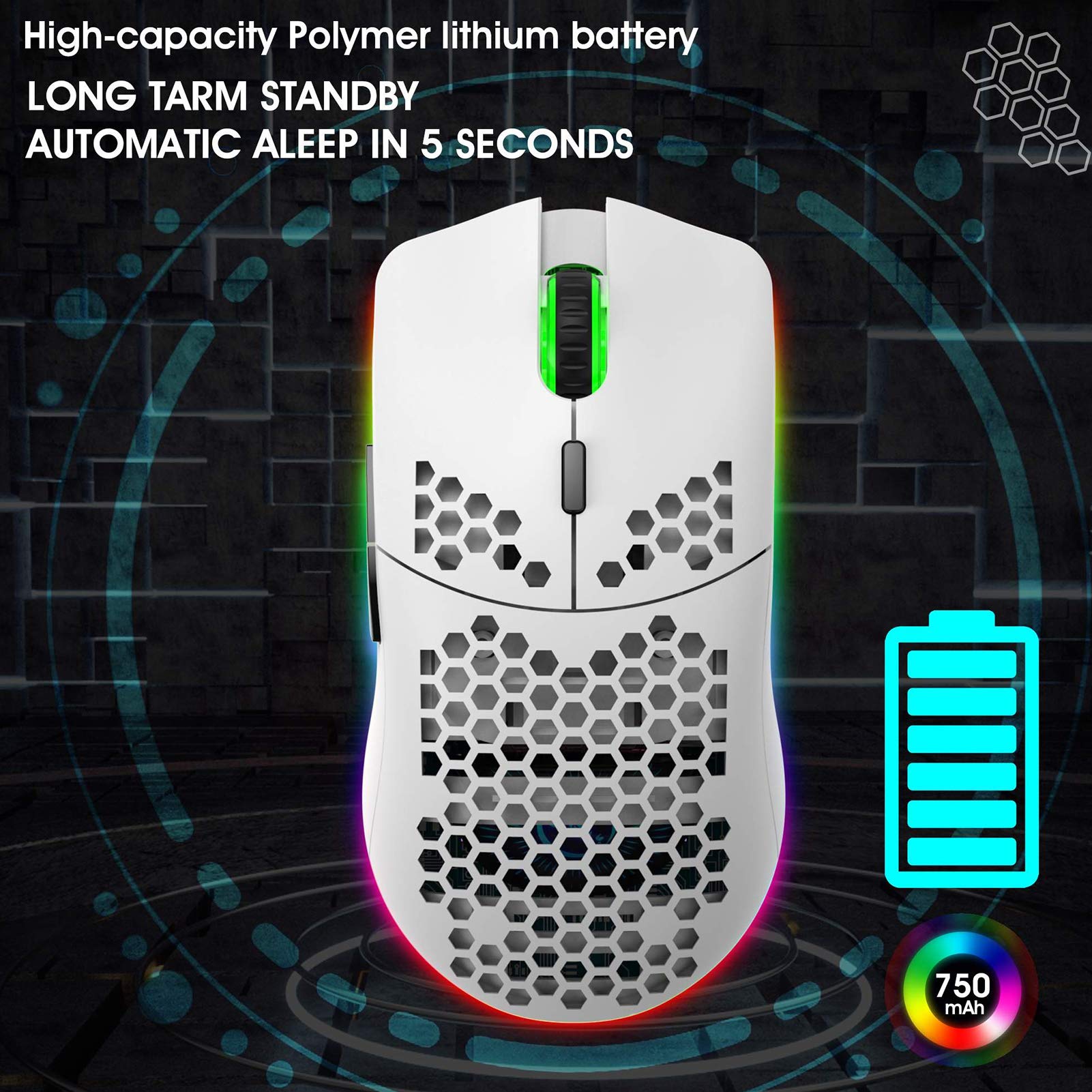 Dilwe Mouse da Gioco Wireless T66, Mouse RGB 6 Pulsanti Proggrammabili, Sensore Ottico 3600 DPI, Struttura Nido d'Ape, Disegno Ergonomico, Batteria al Litio Ricaricabile(Bianca)