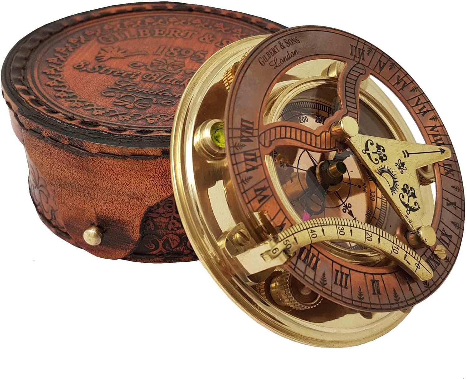 Brass Nautical - Antique Brass & Copper Sundial Compass, Sundial Clock in Box Gift Sun Clock Ship Replica Watch-image-1
