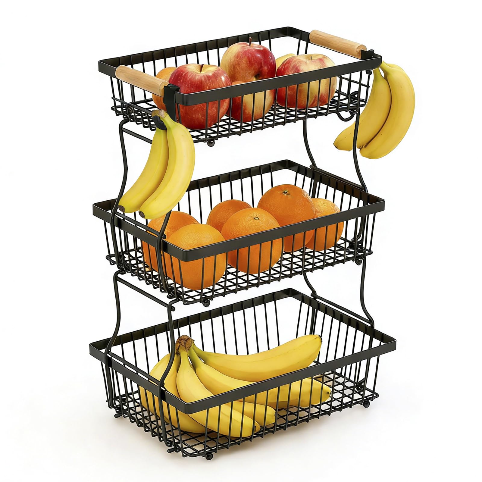 Lirynox Black 3 Tier Fruit Bowl Basket With 2 Banana Hanger, Countertop Vegetable Organizer For Kitchen, Detachable Metal Vegetable Storage Rack With Banana Holder For Fruits Vegetables Snacks