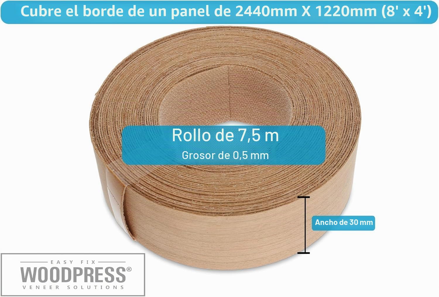 Borde termoadhesivo de madera de cerezo real de 30mm, rollo de 7,5m, cinta de chapa de madera prepegada para una fácil aplicación de bricolaje, cubrirá el borde de un panel de MDF estándar