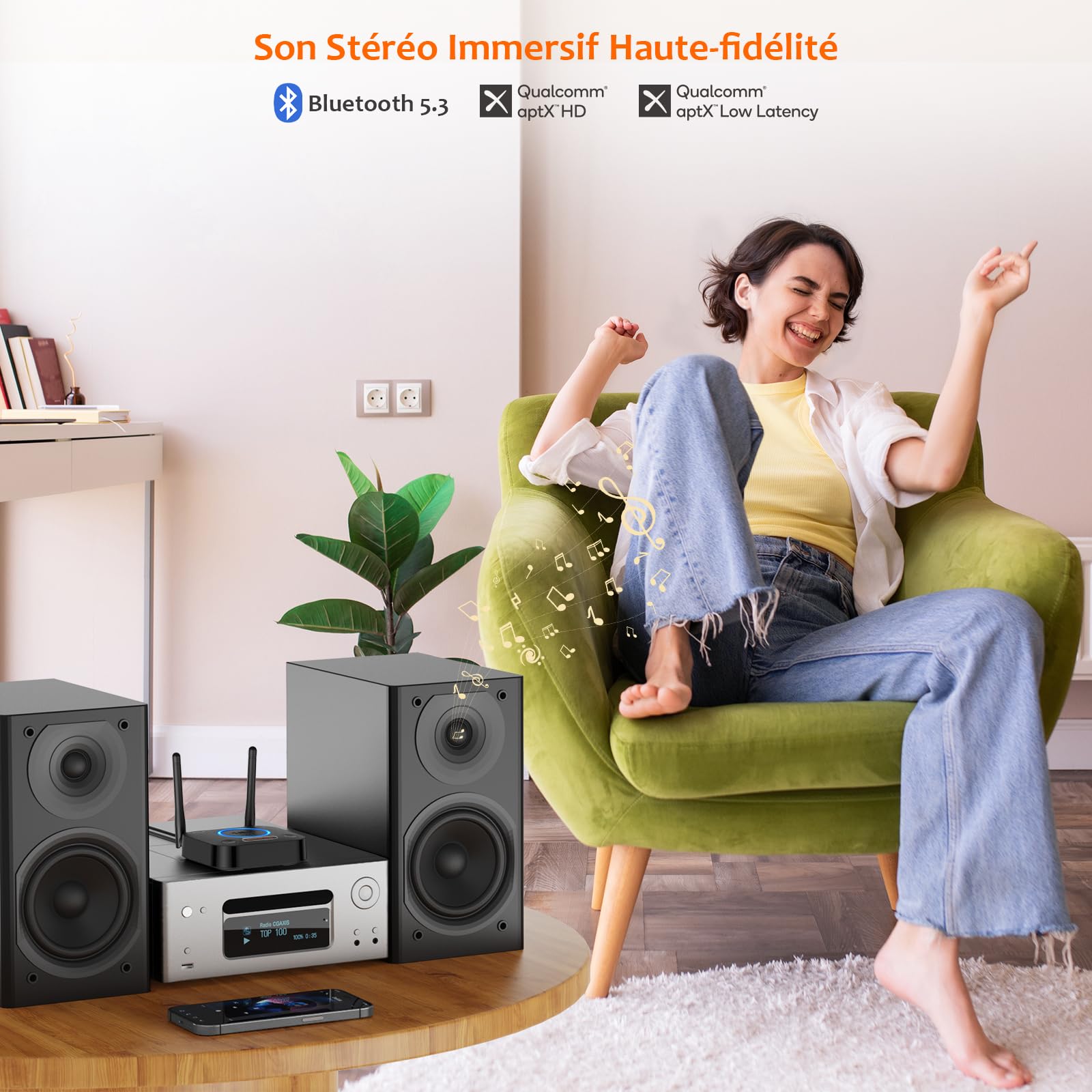1Mii B06Pro Recepteur Bluetooth 5.3, Longue Portée Adaptateur Audio sans Fil Hi-FI, avec 3D Surround aptX HD&LL, RCA Optique AUX 3,5 mm Coaxial pour Système Stéréo Domestique