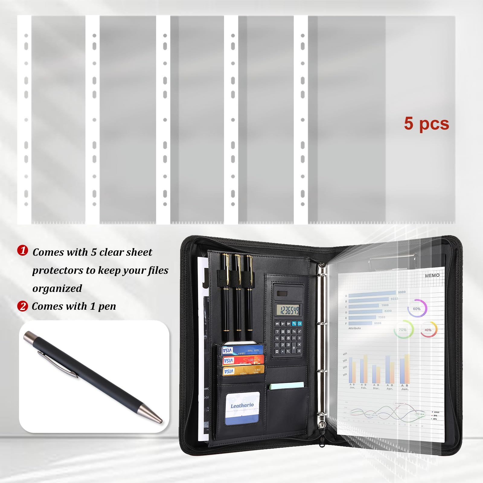 Leathario Portfolio A4 Porte-documents, Organiseur de Conférence, Carnet d'écriture - Dossier de présentation professionnel Noir Profond