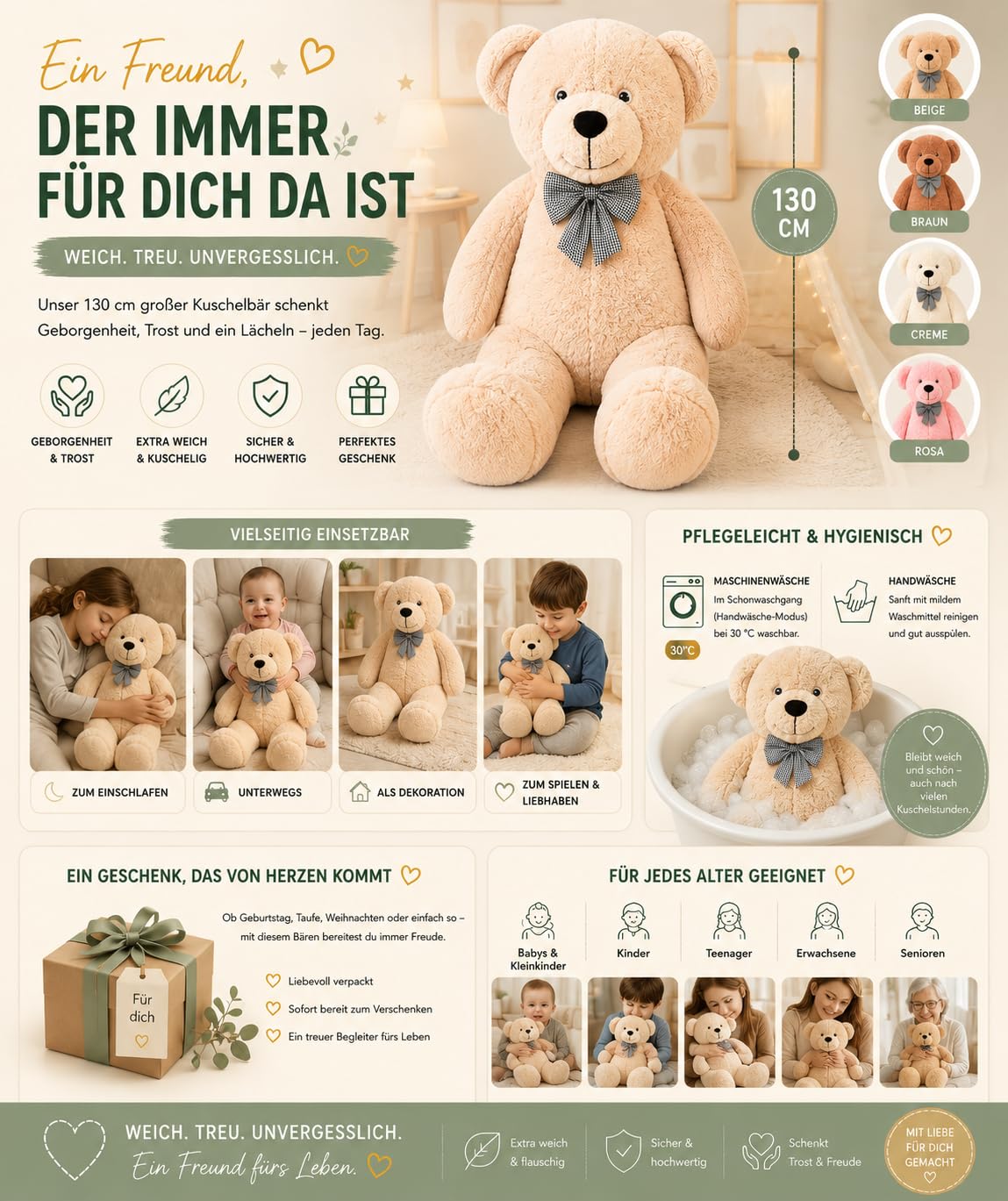 XXL Riesen Teddybär 130 cm – Großes Plüschtier Kuscheltier Weich mit Schleife – Imposantes Geschenk für Freundin, Kinder & Geburtstag (Taupe)