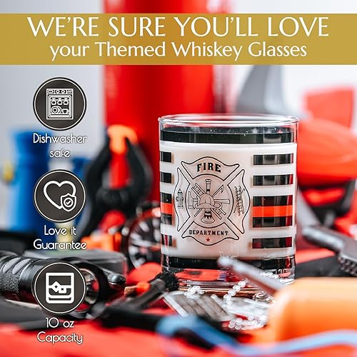 Miniatura 6 de Greenline Goods Thin Red Line - Vasos de whisky de bombero, estilo antiguo, juego de 2, 10 onzas, vasos clásicos de vidrio con gráficos de bandera
