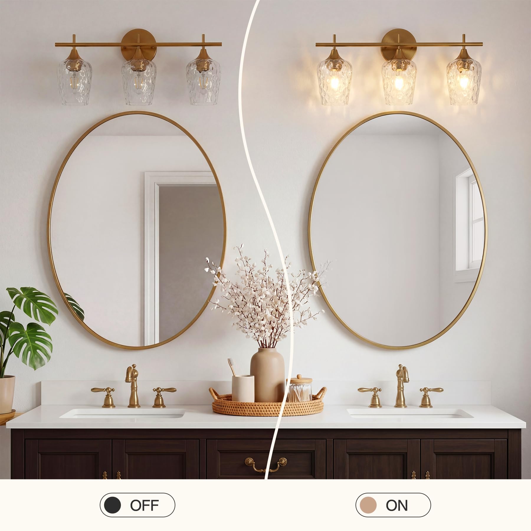 Tribesigns - Aplique de pared de baño (3 luces, modelo dorado, con pantallas de cristal corrugado, casquillos E27. Ideal para espejos de baño, cocina, pasillo y dormitorio. Am