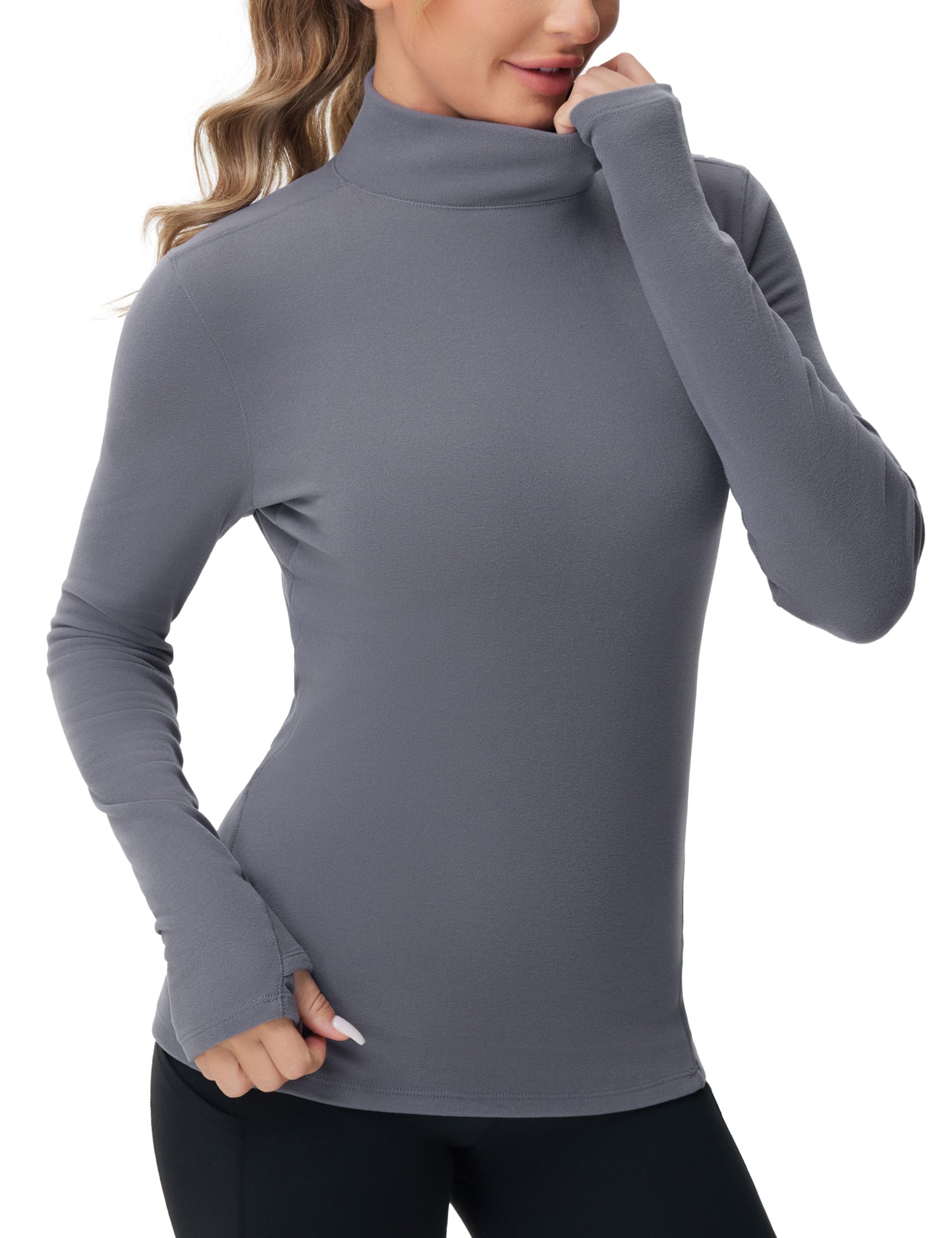 Camicie termiche da donna a maniche lunghe con collo alto, in pile, a maniche lunghe, girocollo, Grigio scuro, L