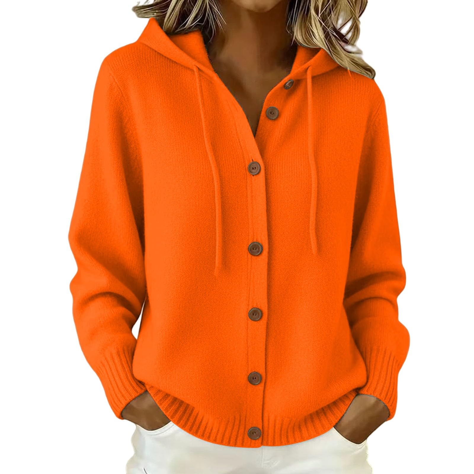 Cardigan Lavorato A Maglia Con Cappuccio Da Donna Abbottonato Con Coulisse