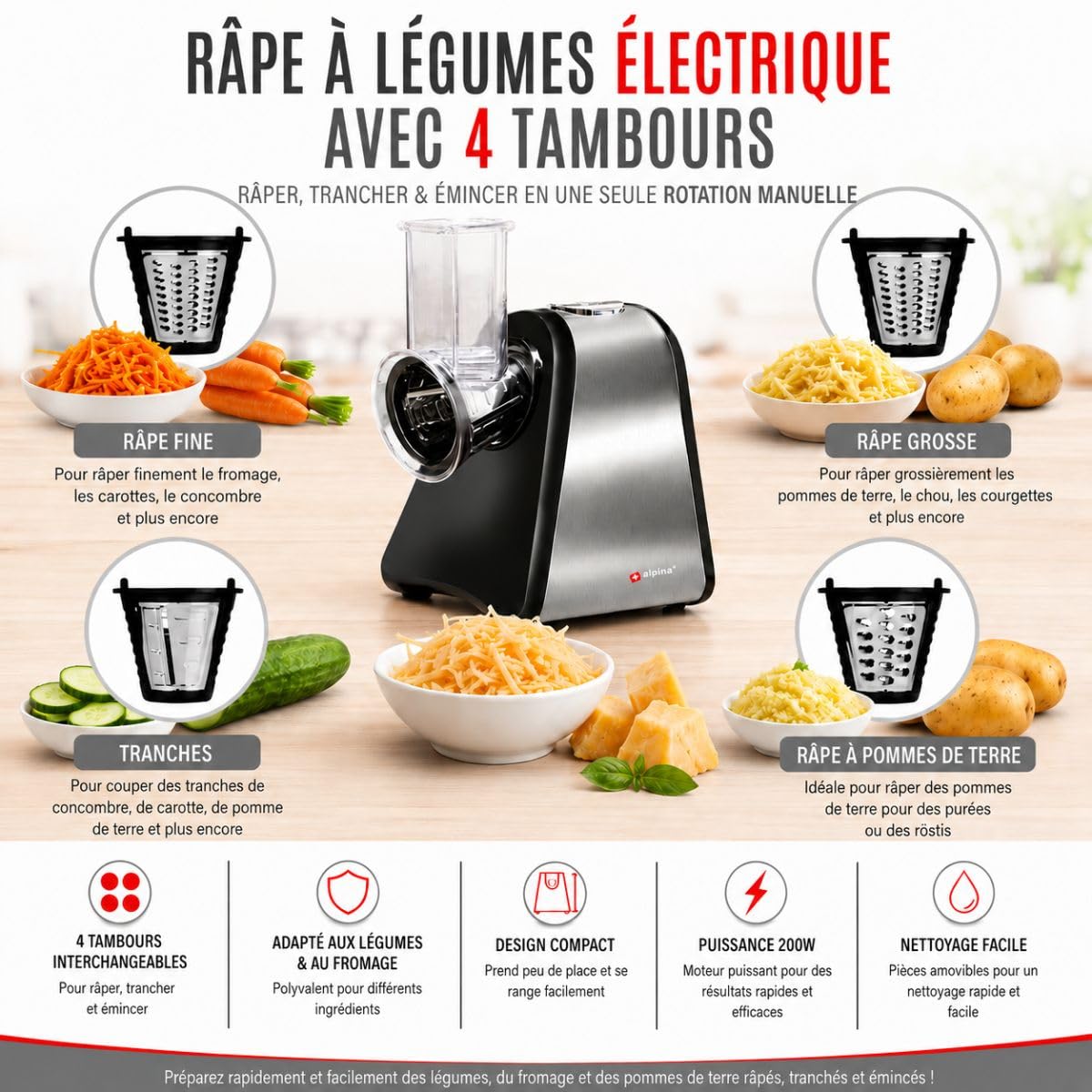 alpina Mandoline Cuisine Électrique - Coupe Legumes Multifonctions - Hachoir Électrique en Acier Inoxydable - Mandoline Coupe-Légumes - Coupe Legume - Hachoir à légumes, Argenté.