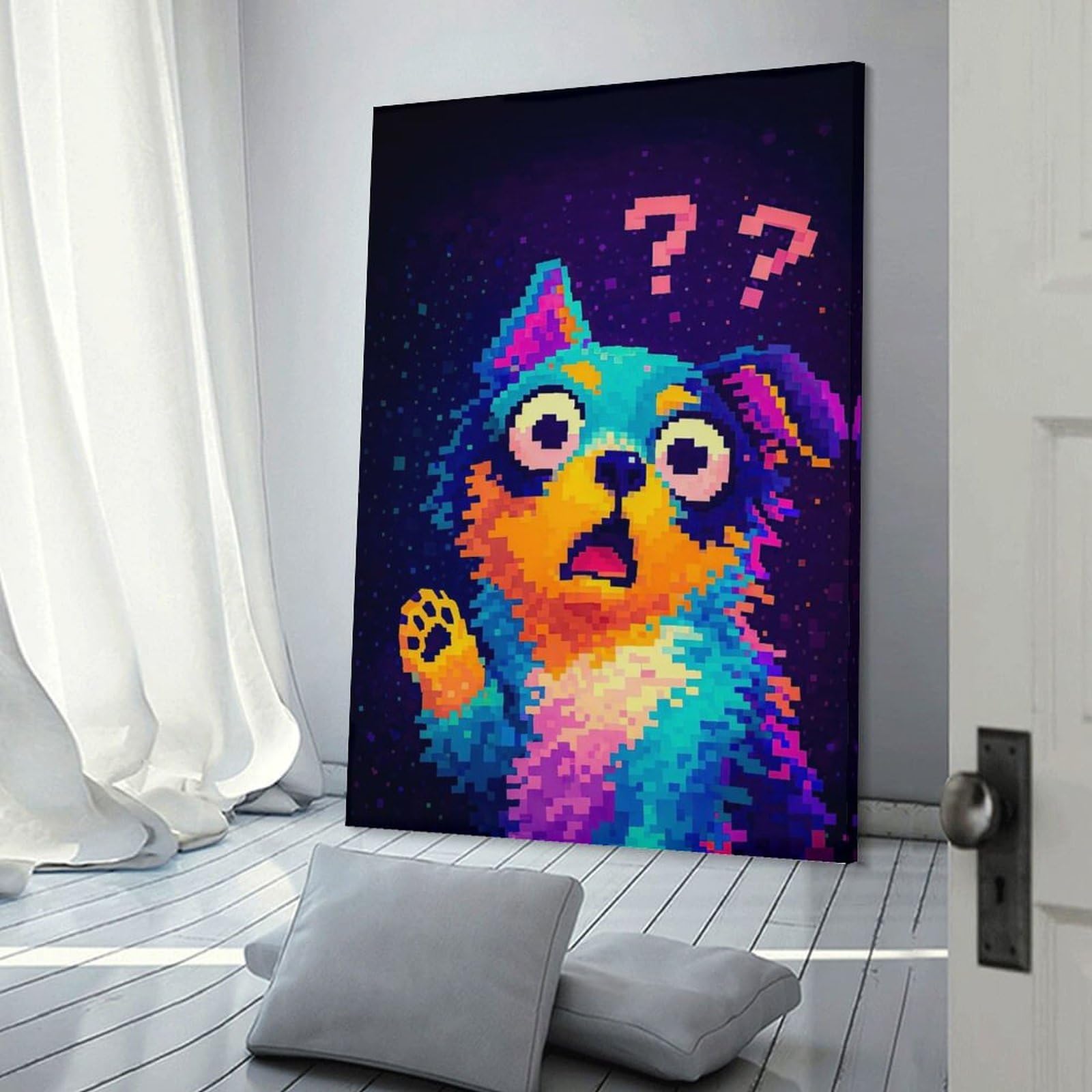 Junmoney Pixelated Dog with Question Marks Canvas Wall Decor, 24x36inch(60x90cm), for Bedroom, Guest Room Or Reading Nook, Canvas Wall Decor for Personal Spaces