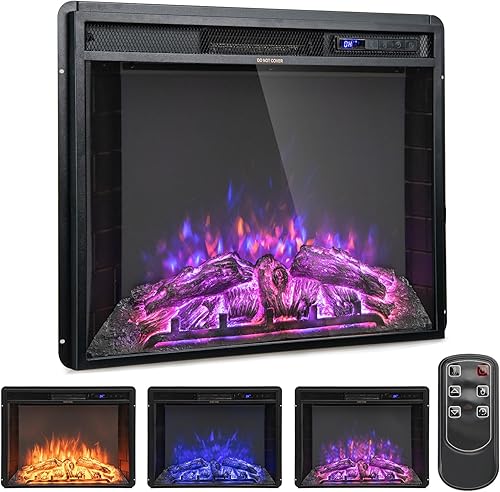 GOFLAME Inserto de chimenea eléctrica de 26 pulgadas, calentador de chimenea empotrado de pared con termostato, 3 colores de llama, 6 brillo de