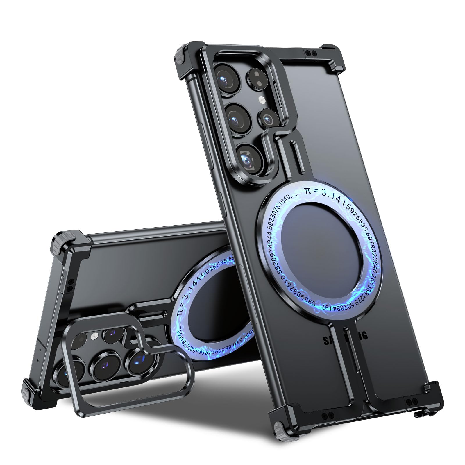 OATSBASF Magnetic Phone Case for Samsung Galaxy S24 Ultra with Metal Camera Stand, Compatible with MagSafe, Slim Shockproof Bumper Case Sleek Minimalist Frameless Aluminum Shells, Black