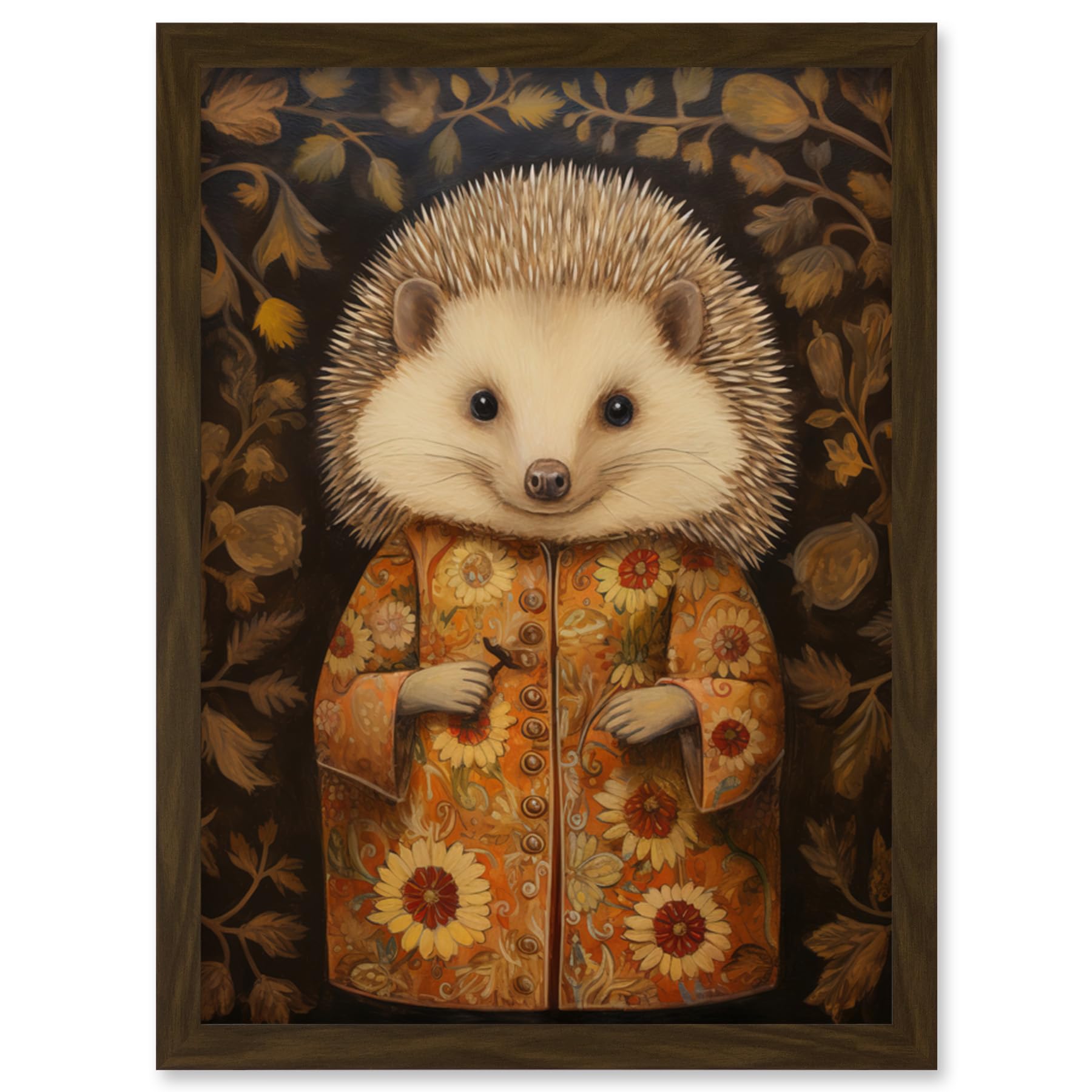 Artery8 Autumn Hedgehog in Sunflower Robe Modern Artwork Framed Wall Art Print A4