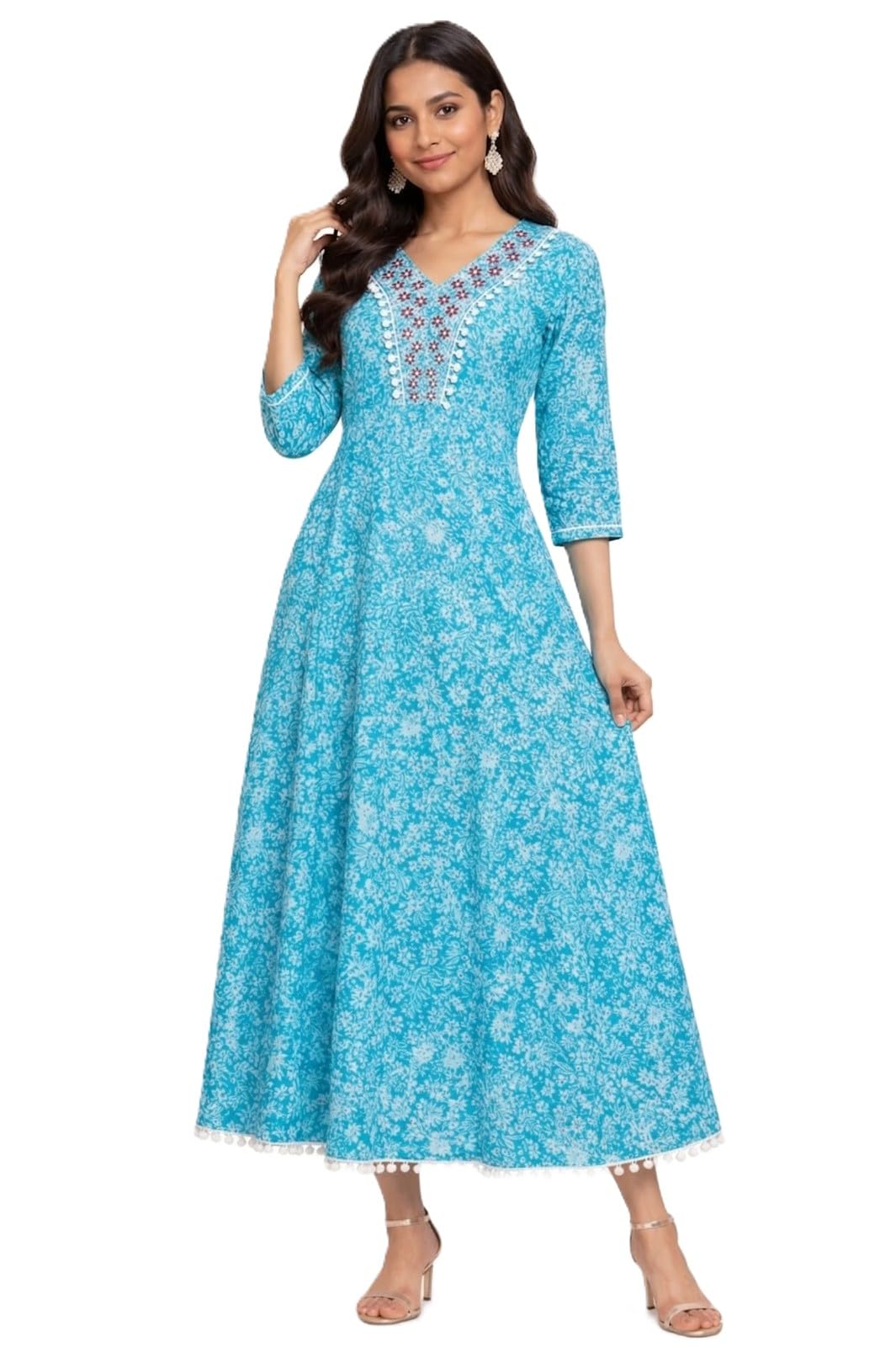 Women's Cotton Floral Printed Anarkali Gown Kurti, A-Line Ethnic Single Dress, V Neck 3/4 Sleeve Flared Kurta, Casual Festive Maxi Dress for Women-picture-33