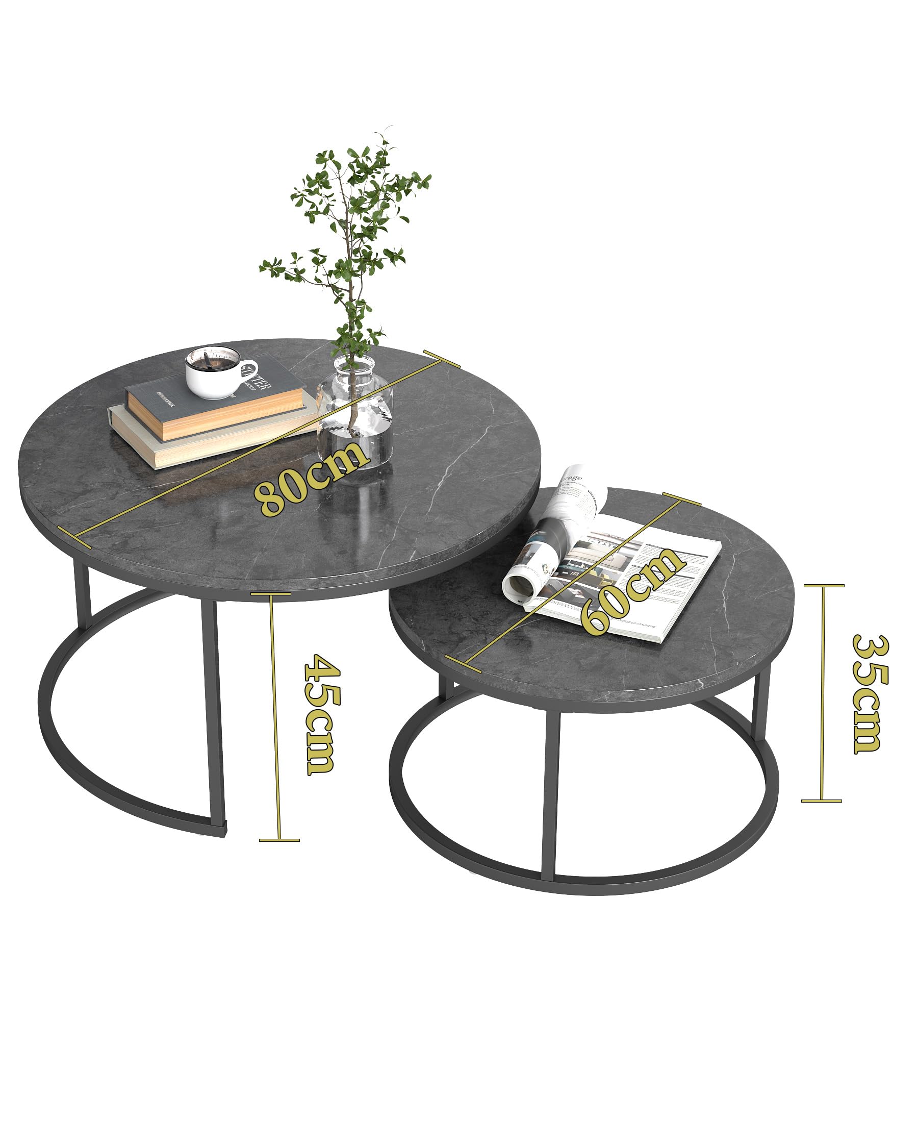 Mesa de Centro Redonda Moderna 2 Piezas 80+60 cm, Mesas Auxiliares para Salón Efecto Mármol Gris y Estructura Metálica Gris Mesa Centro Salon Elegante para Muebles de Salón