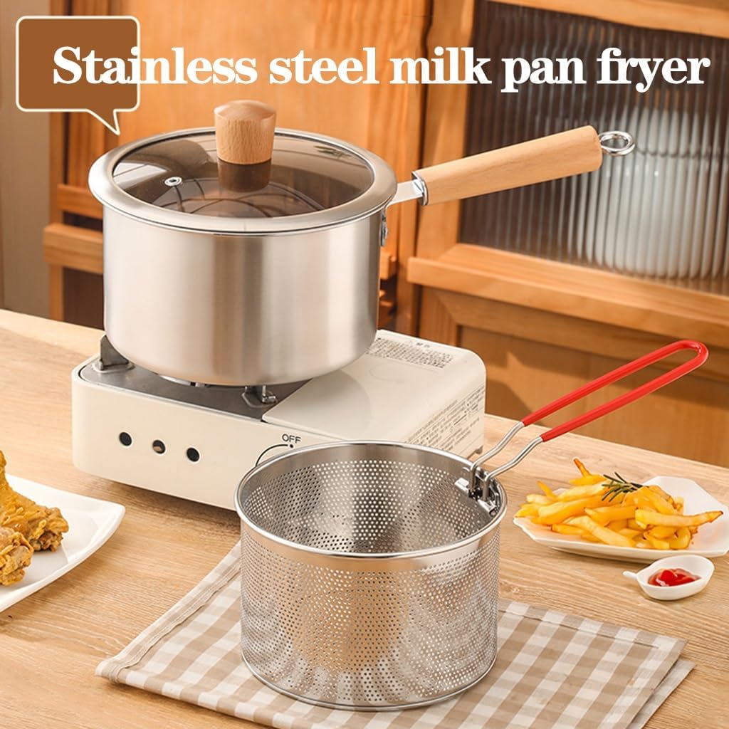 Deep Fryer Pot 304 Stainless Steel Frying Pan with Strainer Basket and Handle,Japanese Tempura Fryer Deep Fryers Frying Pot for Frying Fish Shrimp Chicken and Fries (Silver)