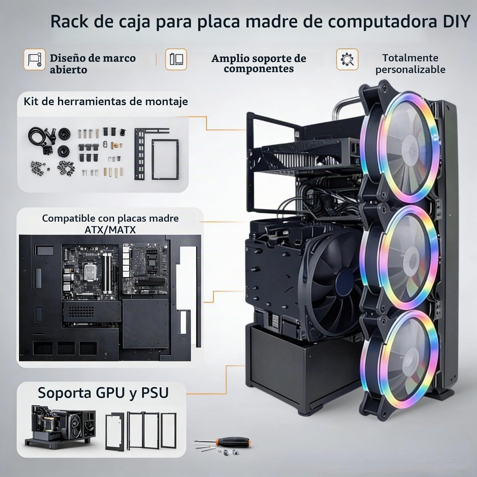 Estante de Caja de Computadora para Juegos de Bricolaje, Potente Placa de Acero de Refrigeración Estante de Caja Abierta para Computadora, Estante de Placa Base Abierta ATX para