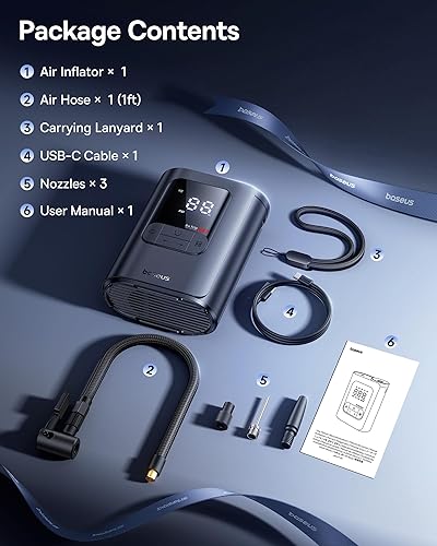 Miniatura 9 de Baseus Inflador de neumáticos, compresor de aire portátil, bomba de aire inalámbrica de 150 PSI para neumáticos de automóvil, inflador eléctrico 2