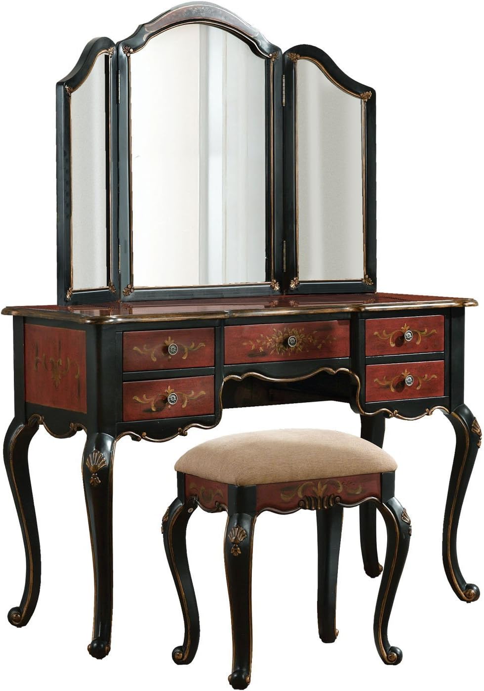 Powell Canton Vanity with Trifold Mirror and Bench, Black/Red Home & Kitchen