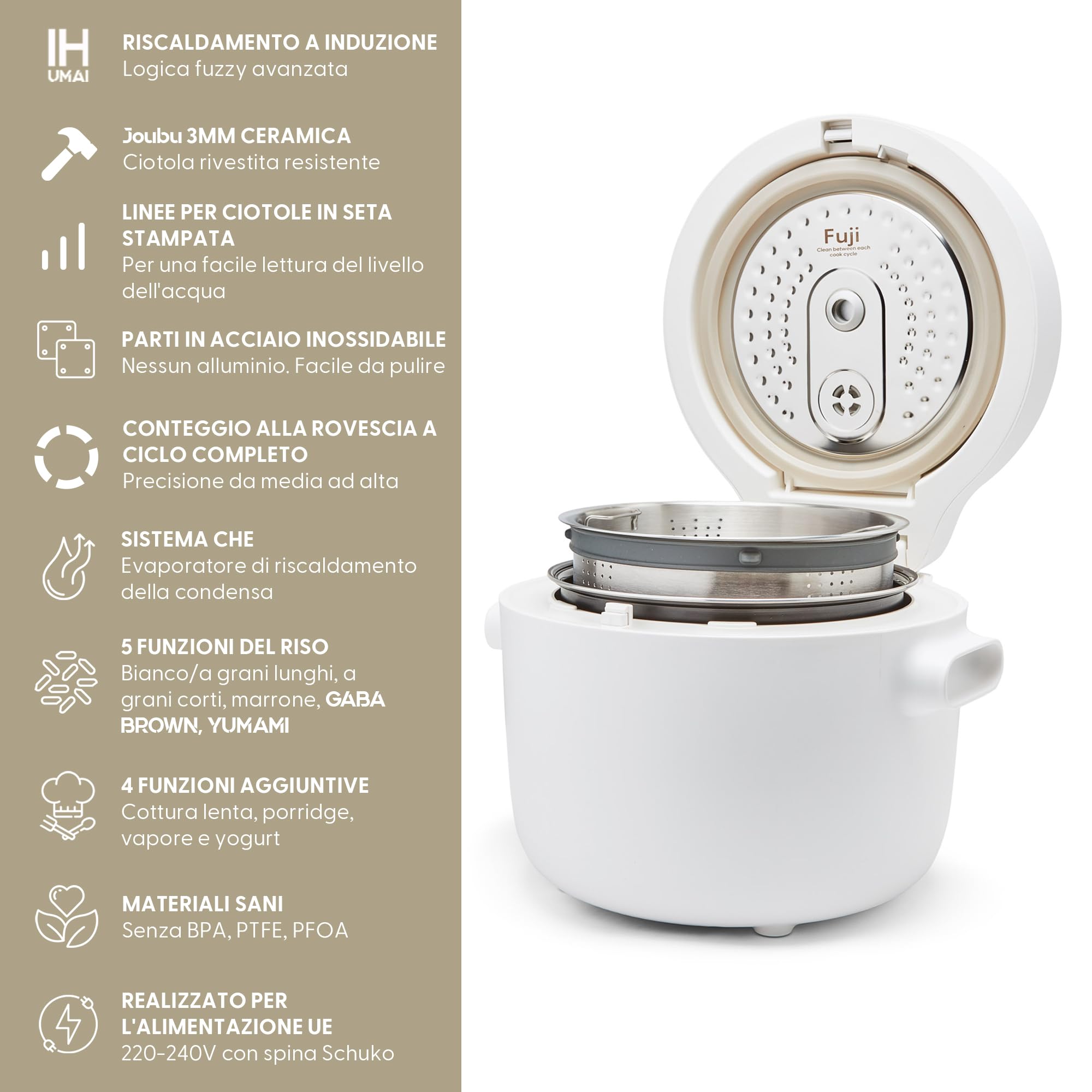 Yum Asia Fuji Cuocere riso con riscaldamento a induzione (IH) e ciotola in ceramica (5 tazze, 1,0 litri), 7 funzioni di cottura del riso, 5 funzioni multicooker, indicatore LED, 220-240 V