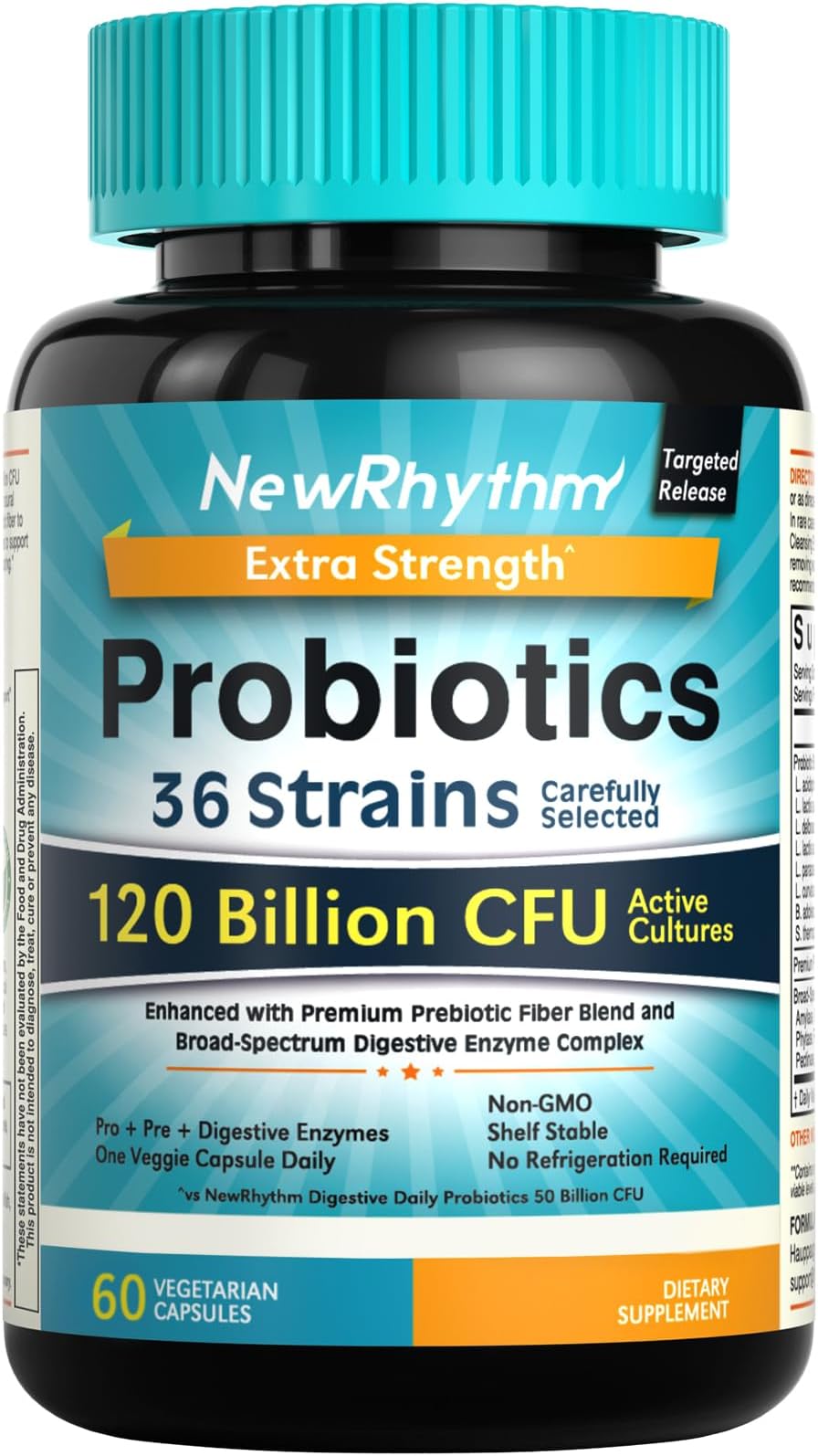 NewRhythm Probiotics 120 Billion CFU 36 Strains, 3-in-1 Probiotics with Prebiotics & Enzymes, Probioticos for Women & Men, Vegan Targeted Release Supplement, 60ct