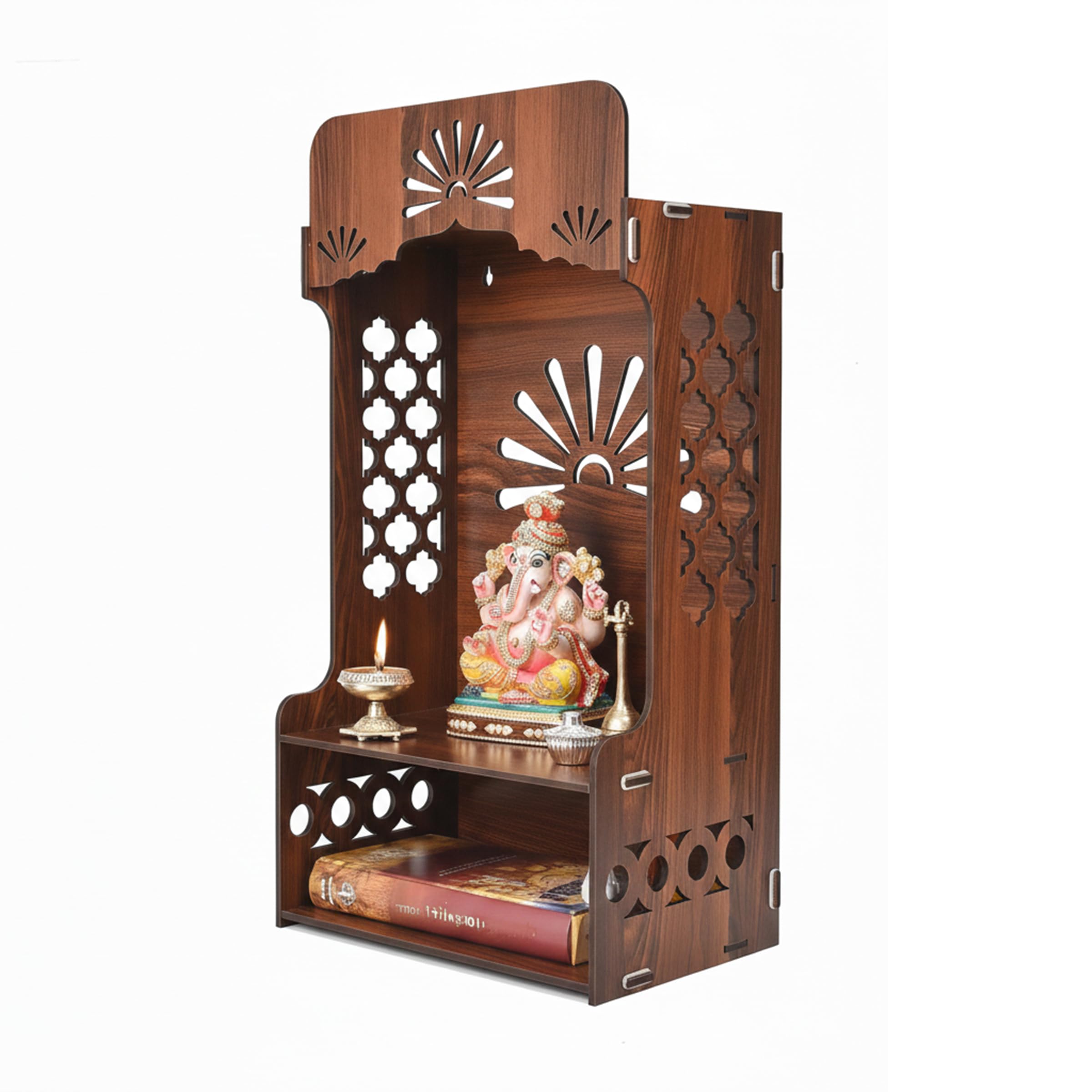 Gift Kya De Wooden Temple for Home | Pooja Mandir with LED Light, Storage Shelf & Decorative Back Panel | Wall Mounted or Tabletop Mandir for Pooja Room (H-21 x L-11 x W-7 Inch)