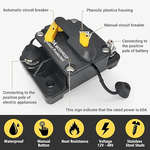 Miniatura 9 de Interruptor de circuito impermeable de 250 A, portafusibles de 12 V - 48 V CC Interruptor de reinicio manual para motor de arrastre de barco,