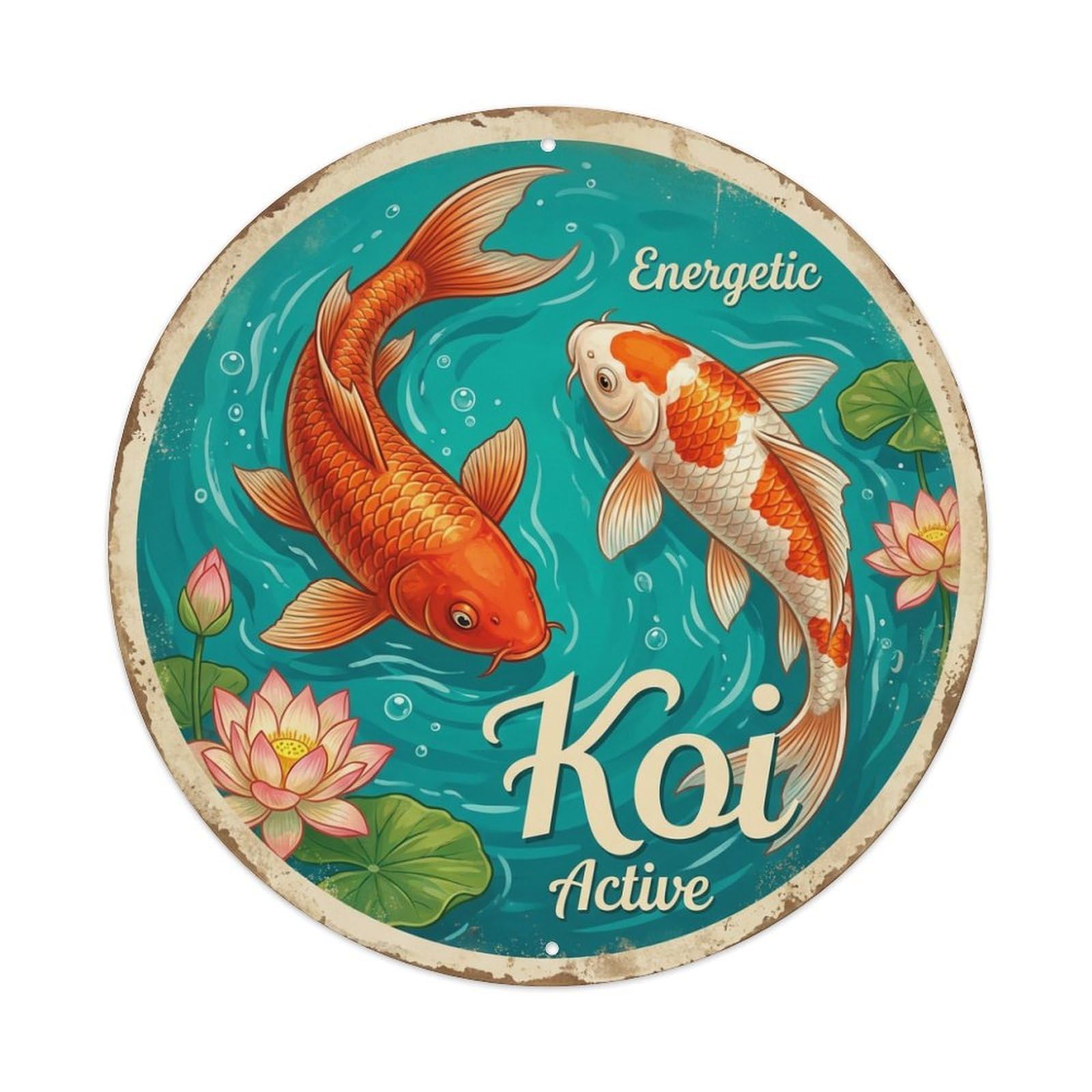 Fyrn Style Metal Tin Sign Koi Fish Active Vibrant Japan Retro Ukiyo-E