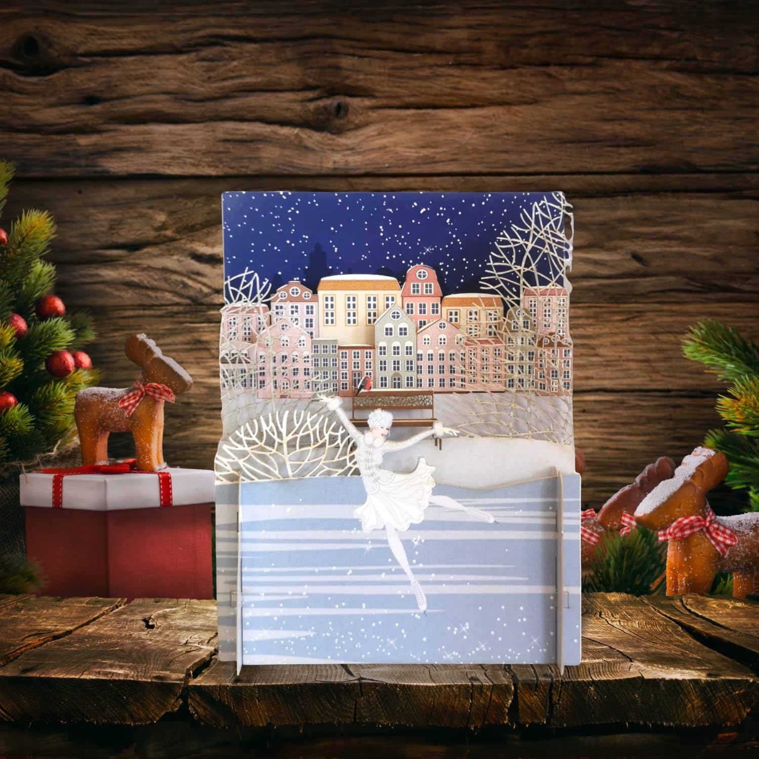 Alljoy 3D Lady Ice Skating Pop Up Christmas Greeting Card XPOP047, White and Gold, 15cm x 15cm or 6" x 6" - Image 4