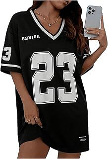 GORGLITTER Women\'s Letter Print Jersey Shirts Dress V Neck Half Sleeve Oversized Shorts Shift Dresses