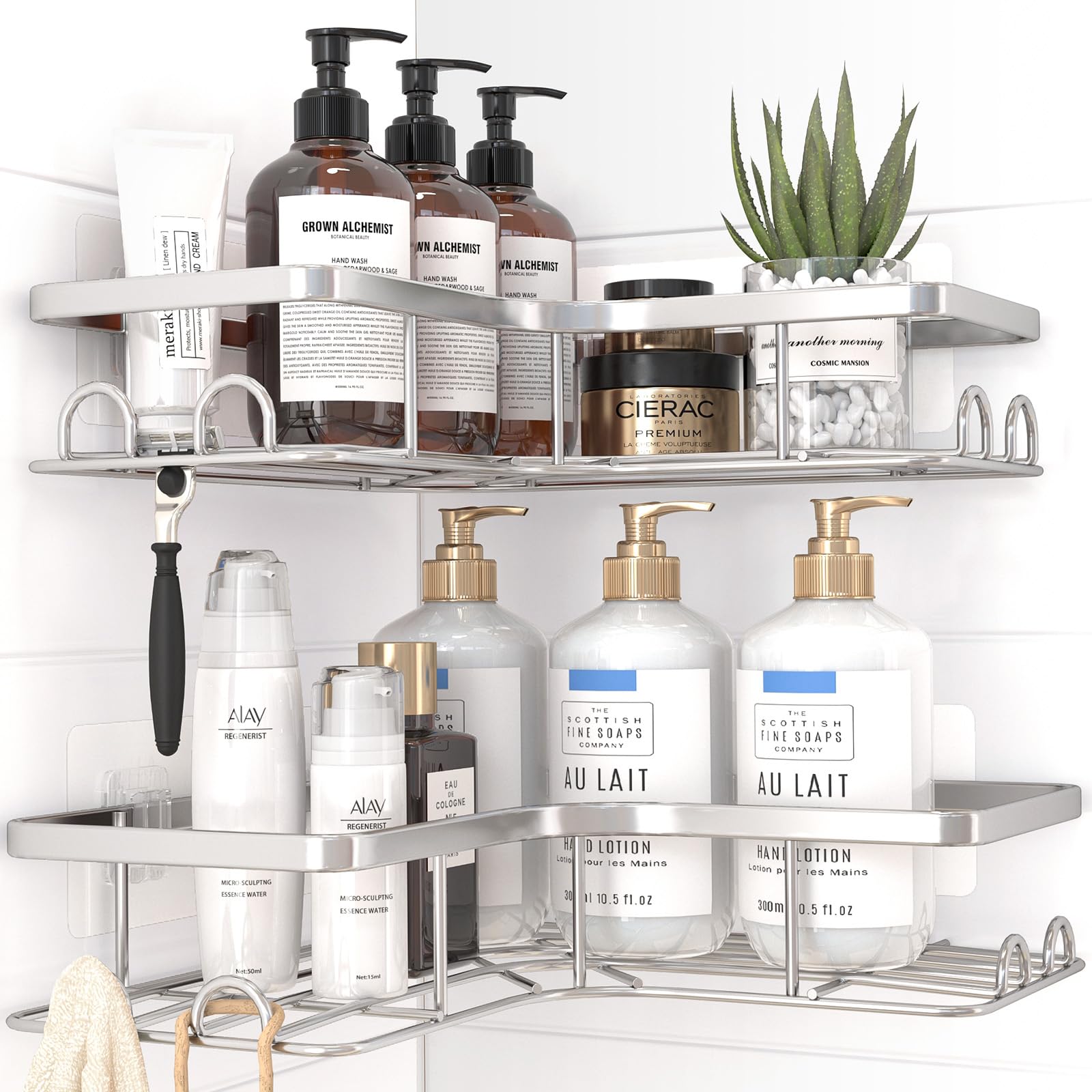 Sakugi Corner Shower Caddy - 2 Pack, Adhesive Shower Organizers, Rustproof Stainless Steel Shower Shelves with 8 Hooks, No Drilling Bathroom Organizers and Storage Racks, Space-Saving, Silver, Large