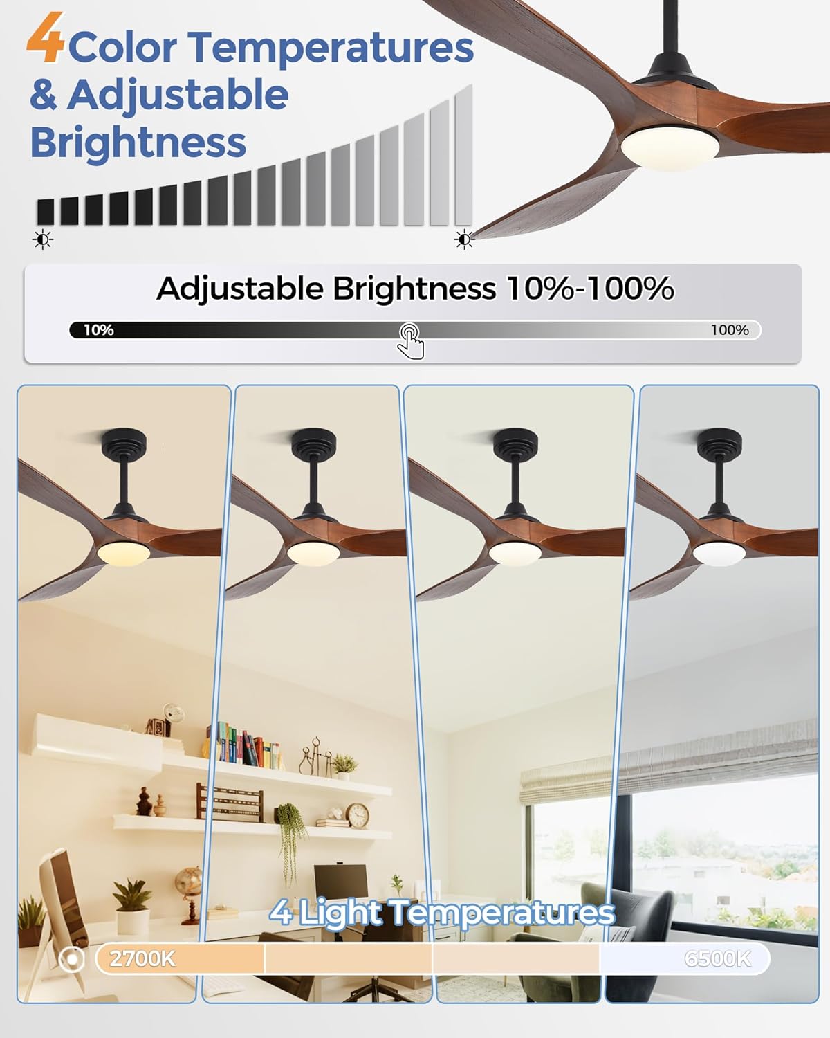 60 Inch Solid Wood Ceiling Fans with Lights,Smart Ceiling Fan with Light for Alexa,Google,APP,Indoor/Outdoor,3 Wood Blades,3CCT Dimmable,Dark Walnut Ceiling Fan for Patio Porch
