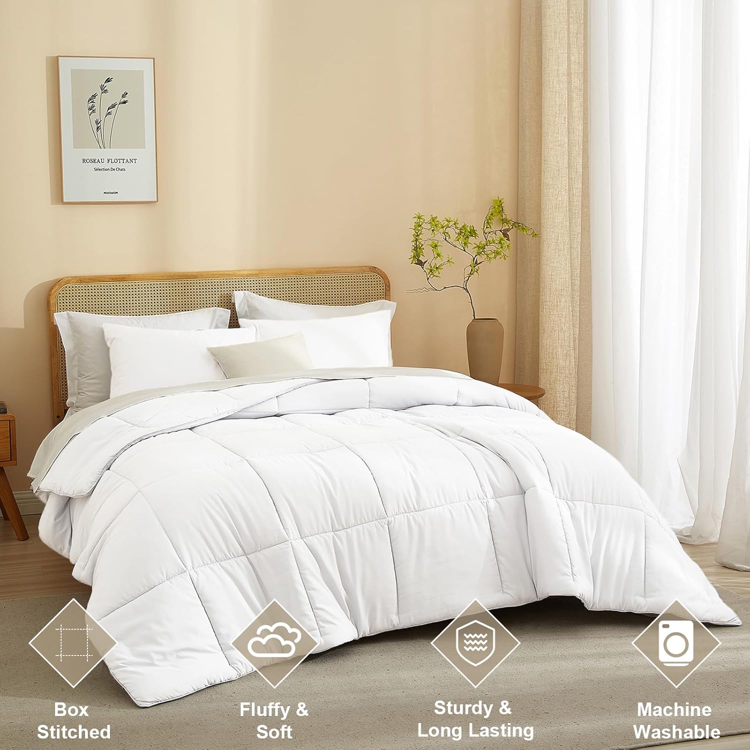 AMWAN Box Stitched Comforter Set White Twin XL 3 PCS Brushed Microfiber Bedding Set, 1 Comforter with 2 Pillowcases, Lightweight and Fluffy Comforter for Adults, Teens, All Seasons Comforter Set
