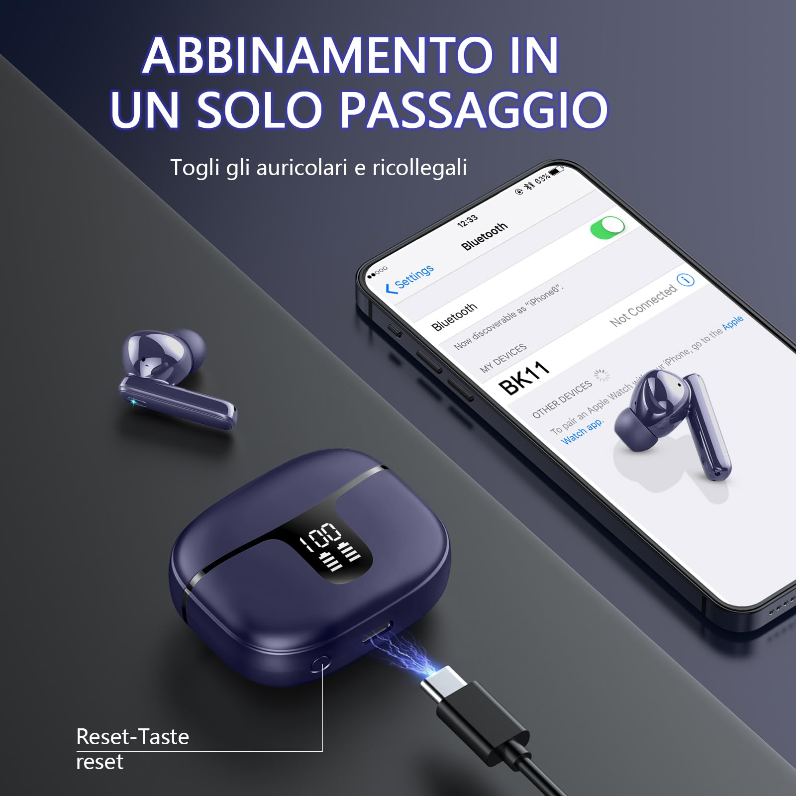 Cuffie Bluetooth, Auricolari Bluetooth 5.3 Stereo con 4 HD ENC Mic, Cuffie Wireless In Ear Cancellazione Rumore, 40 Ore Cuffie Senza Fili IP7 Impermeabile, Cuffiette Bluetooth LED Display, Blu
