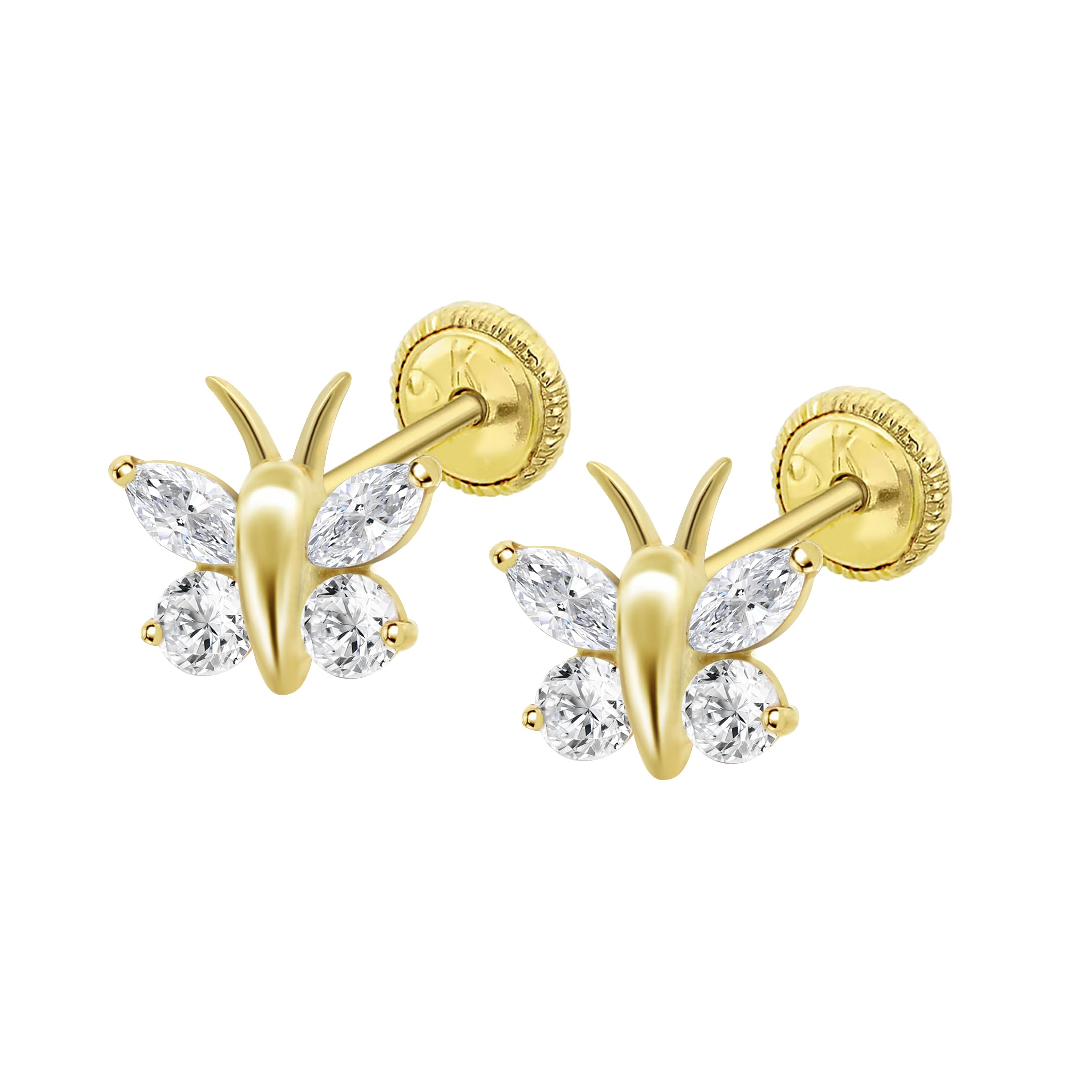 TIME ROAD Orecchini Bebè Oro 9K (375) – Farfalla 4 Mm Con Chiusura A Vite – 3-24 Mesi – Per Nascita, Battesimo, Compleanno