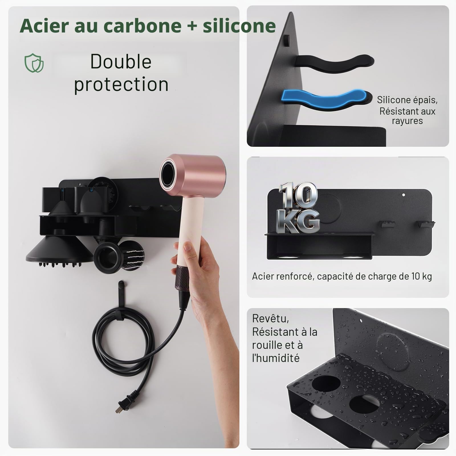 6 en 1 Support Seche Cheveux sans Percage Compatible avec Dyson Supersonic Nural HD16/ HD19, Porte Seche Cheveux Mural Métallique avec Rangement des Câbles, Convient pour 5 Embouts,29 * 12cm | Revêtement antirayures protège votre sèche-cheveux Dyson au qu