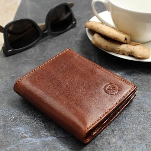 Vista 7 de Maxwell Scott Mens Luxury Leather Bifold Wallet with Coin Pocket The Rocca Classic Small Pocketbook Cards Holder Tan Brown