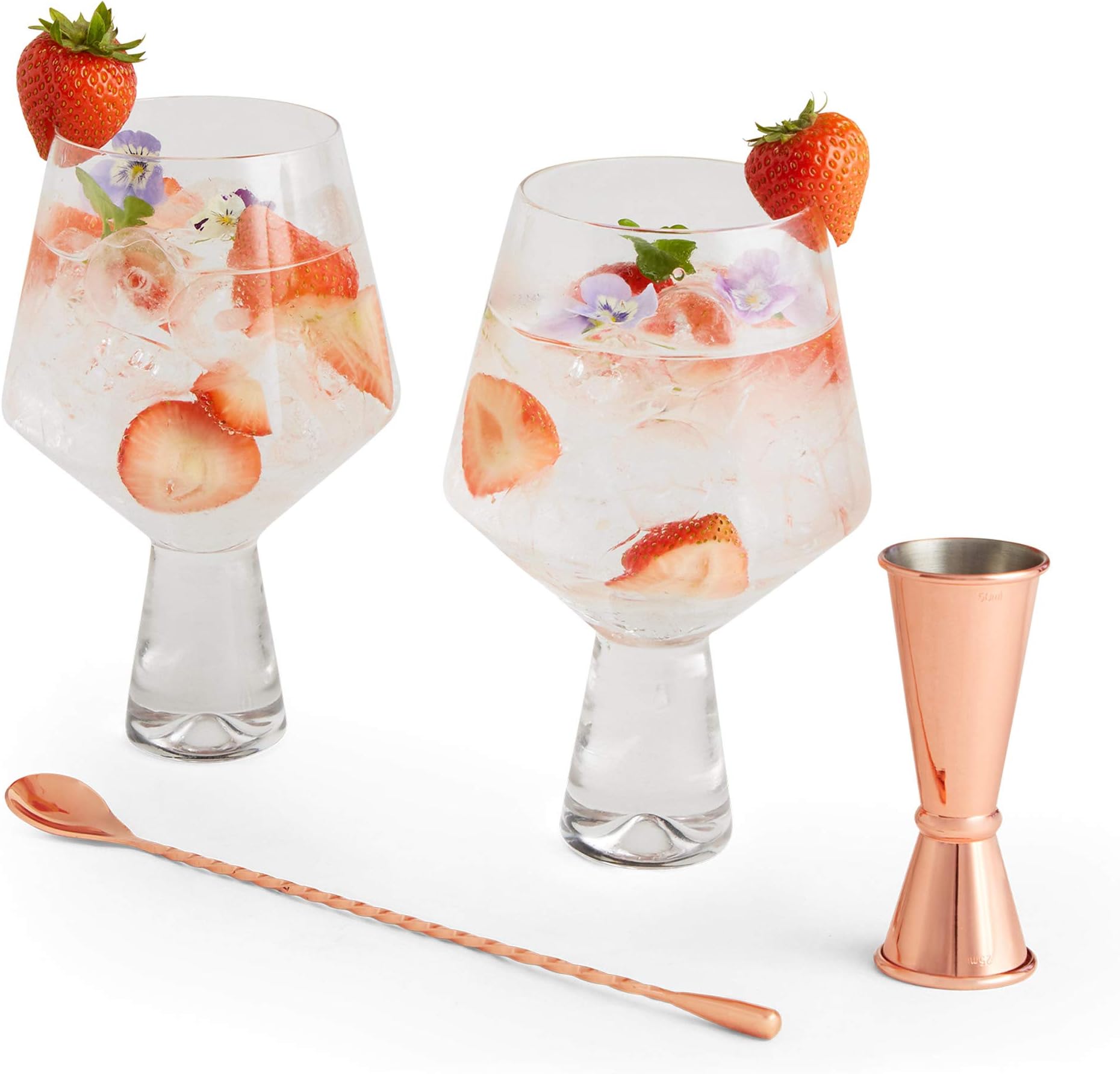 VonShef Gin Glass Gift Set - 2 685ml Balloon Glasses with Rose Gold Stainless Steel Double Jigger/Shot Measure & Bar Spoon - Copa de Balon G&T Glasses
