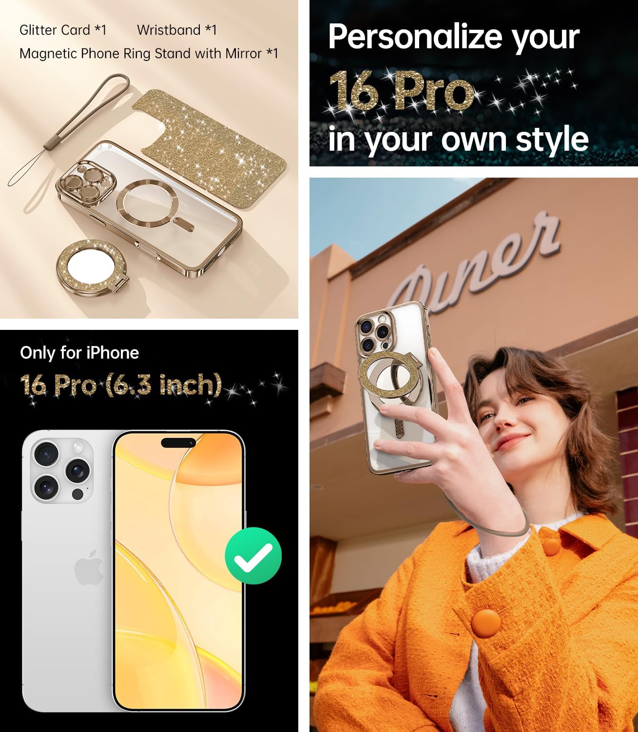 Meifigno Magnetic Case for iPhone 16 Pro 6.3'' with Removable Phone Ring Stand, [Glitter Card & Wrist Strap] [MagSafe Compatible] [Built-in Mirror] Phone Ring Stand + Phone Case Kit, Desert Titanium