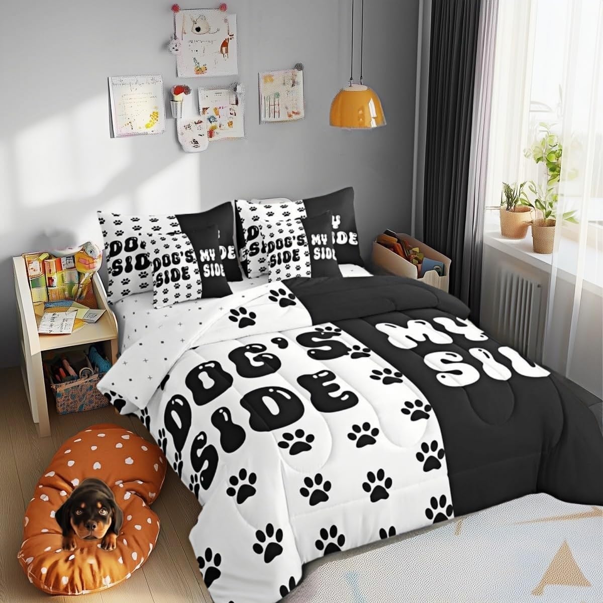 7 Pieces Queen Size Cute Dog Paws Print Comforter Set,Dog Side My Side Bedding Set for Boys Girls,Kawaii Puppy Animal Pet Rustic (Comforter+Fitted+Flat Sheet+2 Pillowcases+2 Throw Pillow Covers)