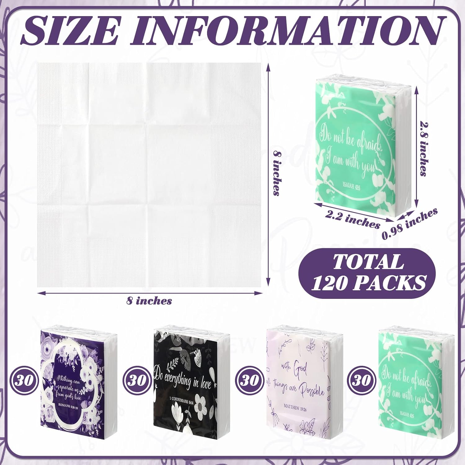 TaoBary 120 Pack Christian Pocket Tissue Travel Size Bible Verse Facial Tissues Bulk Scripture 3 Ply Small Individual Wrapped Wallet Size Prayer Inspirational Religious Church Gift