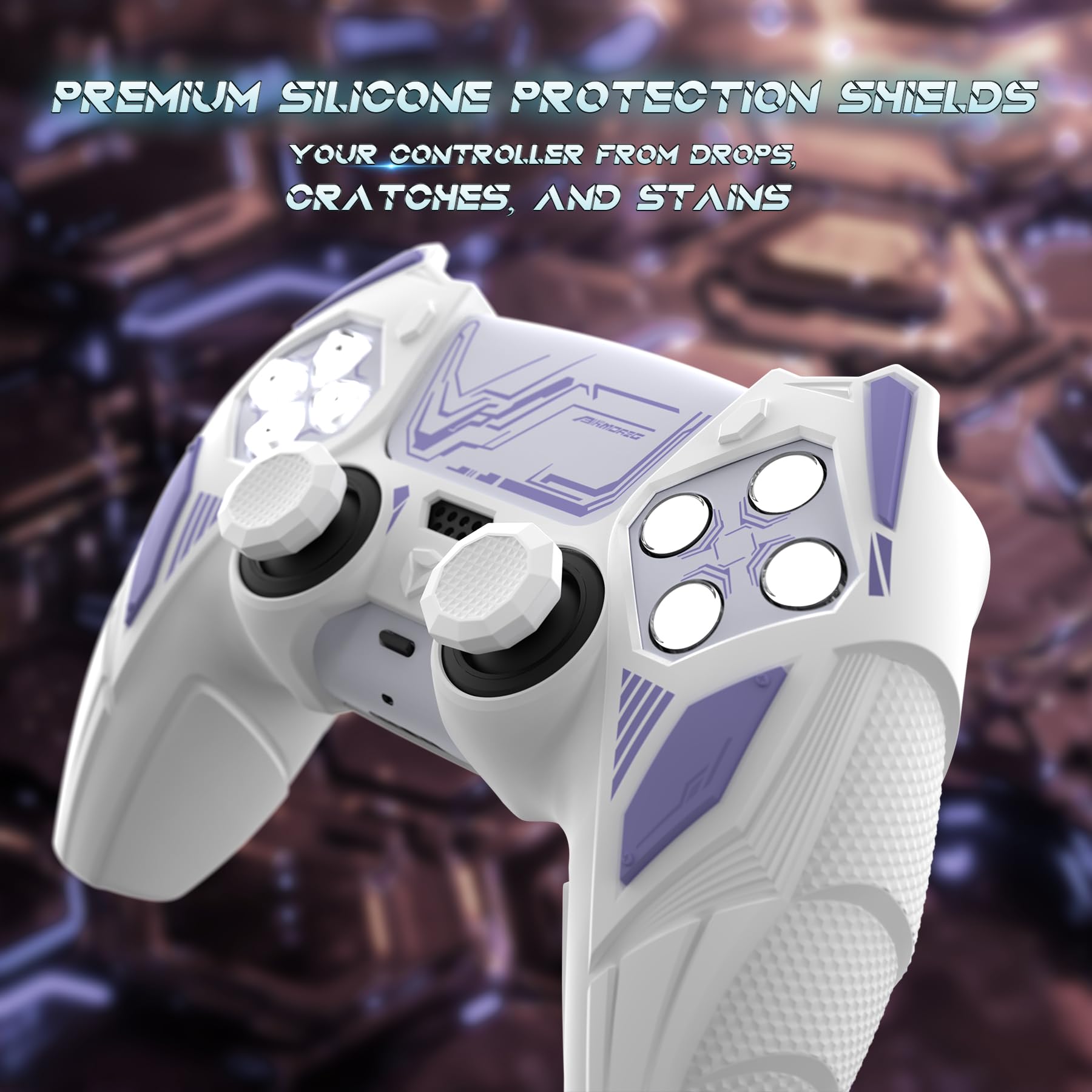 playvital Cover Controller per ps5 Joystick, Compatibile con ps5 Base di Ricarica, Custodia Silicone Antiscivolo Grip Ergonomico per Posizionamento Verticale, Mecha Rhino-Bianco&Lilla