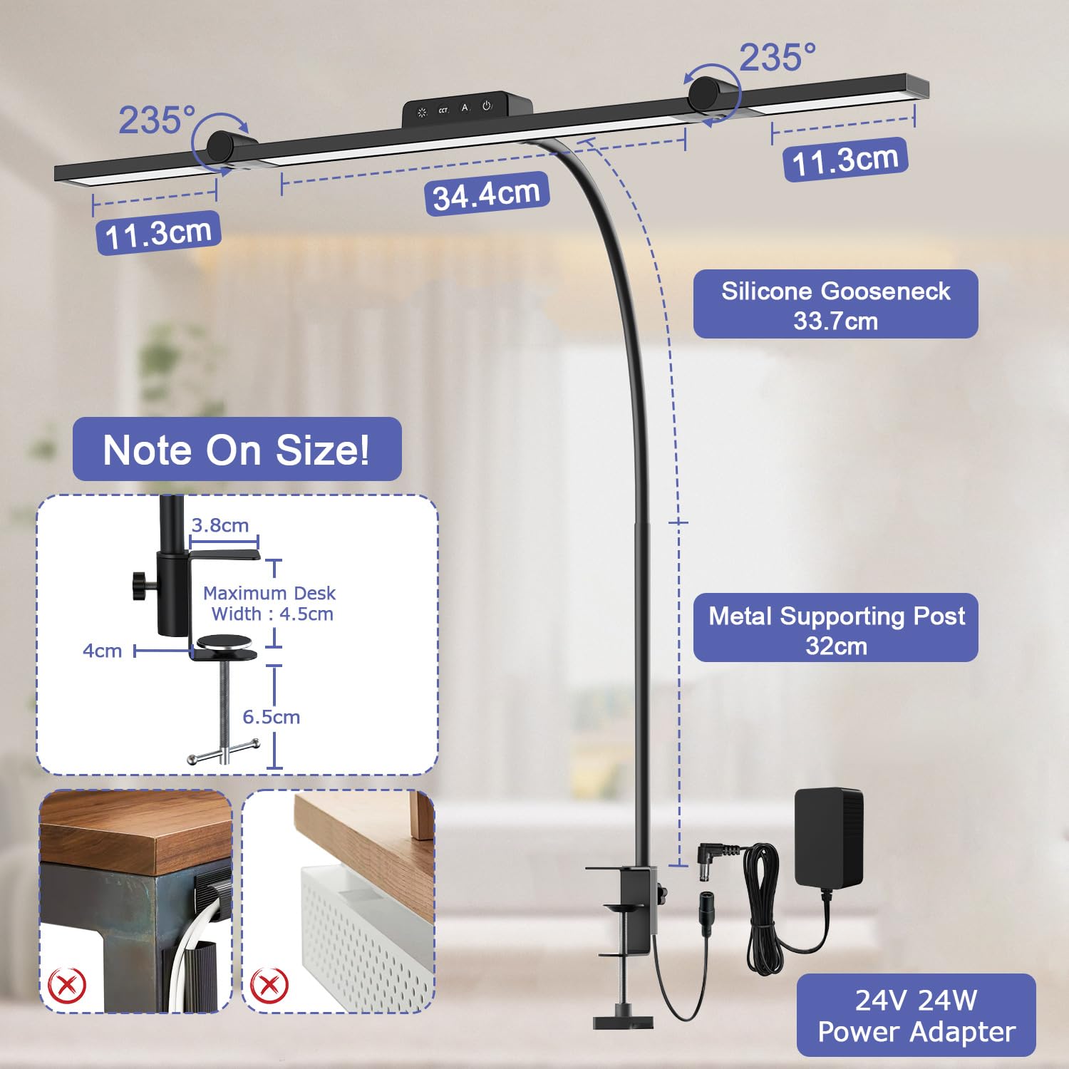 KableRika Schreibtischlampe LED dimmbar mit Klemme 24W, Flexiblem Schwanenhals, 4 Farbtemperaturen & Helligkeitsstufen, Touch-Steuerung, Augenschutz, LED Schreibtischlampe für Homeoffice