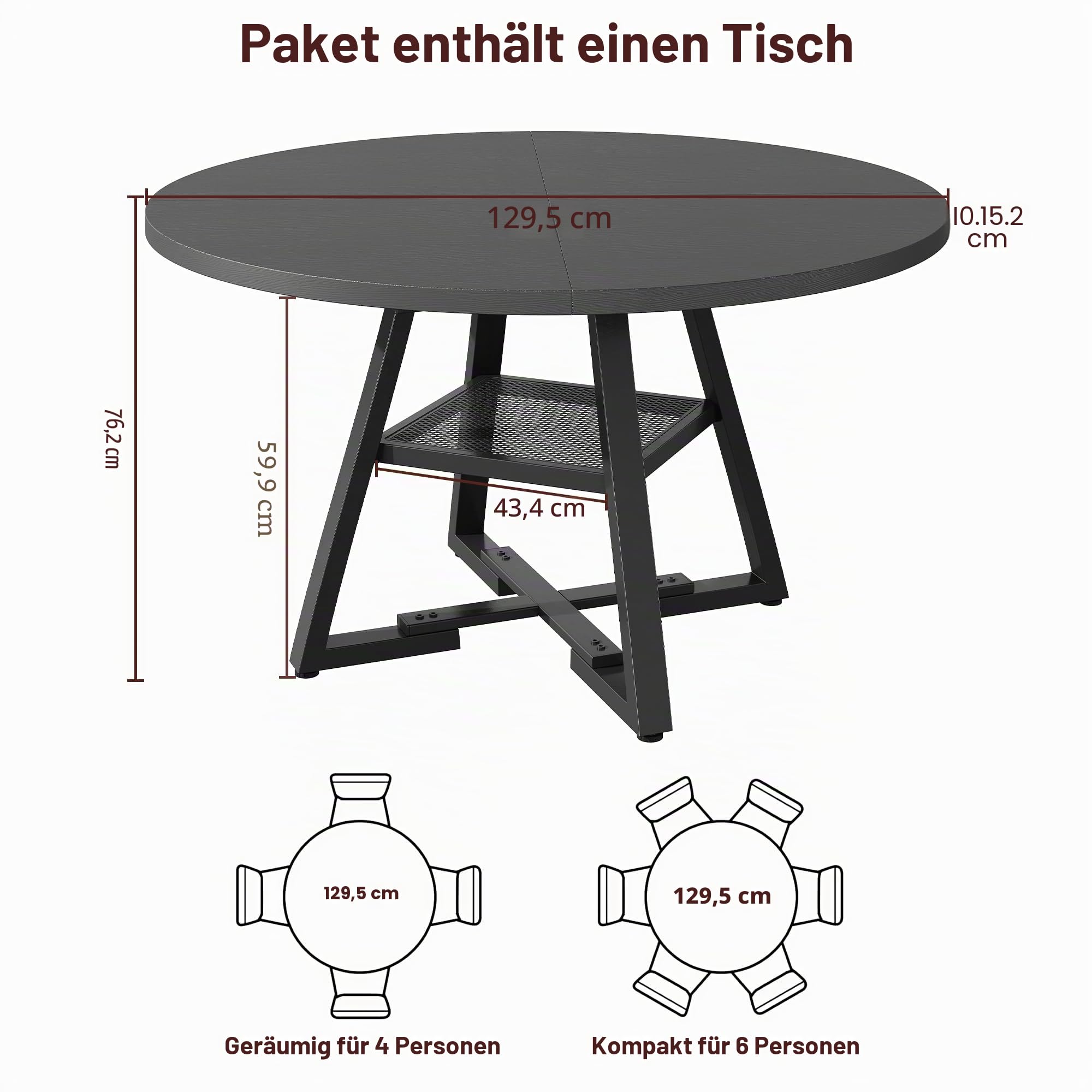 Jocoevol Esstisch Runder für 4-6 Personen, Esszimmertisch mit Ablage, platzsparender Küchentisch aus Holz im Industrial Design (Schwarz, 130x130x76cm)