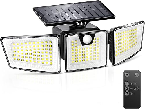 Luces solares para exteriores con 3 modos de control remoto, IP65, impermeables, superbrillantes, luces de seguridad LED con sensor de movimiento,