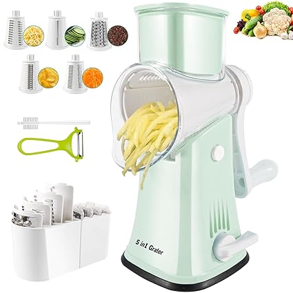 Eleko Meyar Cheese Grater 5-in-1Rotary Cheese Grater,Versatile Manual Cheese Grater With Handle - cheese shredder,Efficient Slicer and Nut Grinder with Easy Cleaning(blue) (green)