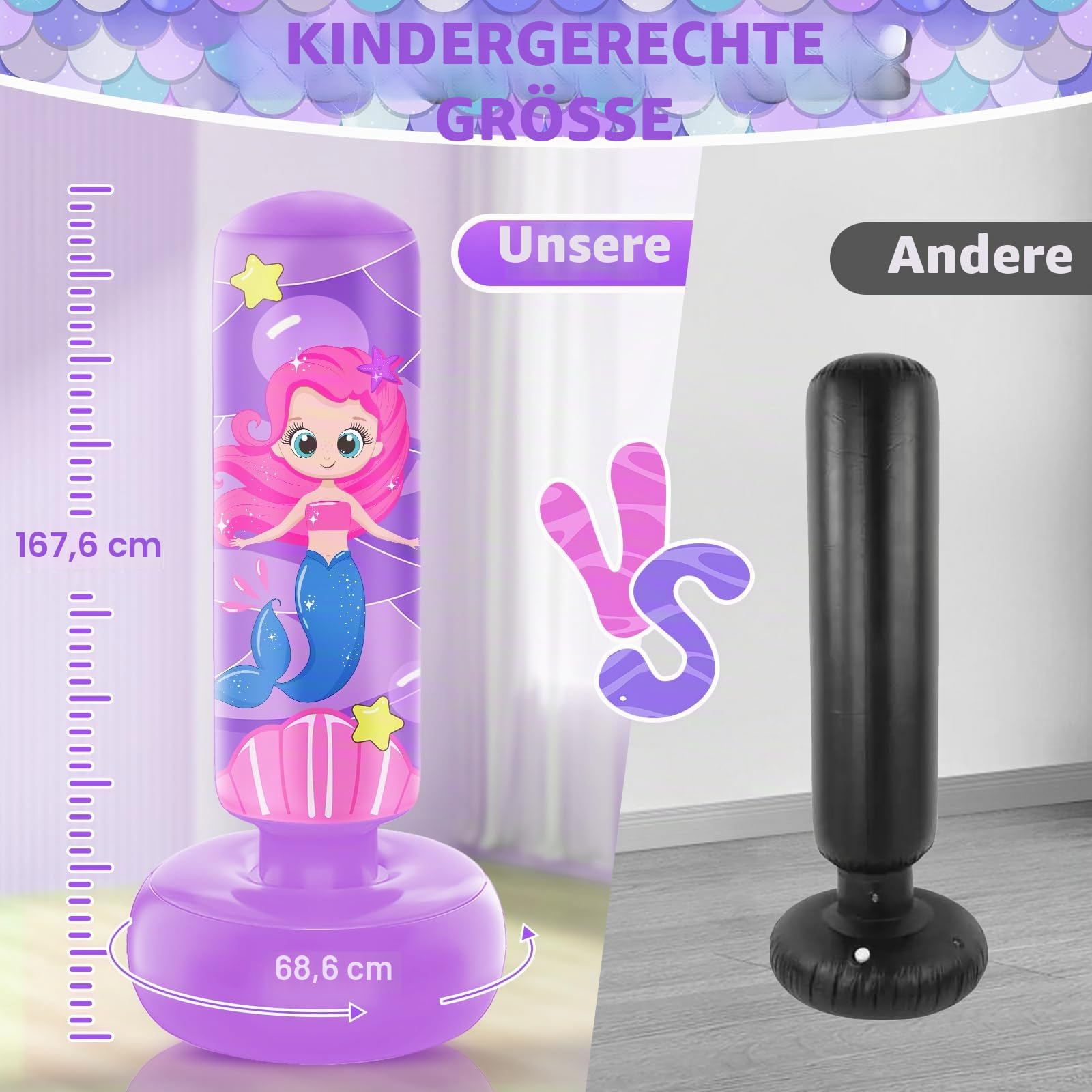 Boxsack für Kinder, 168cm Großer Aufblasbarer Kinder Boxsack mit Boxhandschuhen, Tolles Geschenk für Kinde r, Mädchen im Alter von 5–12 Jahren, Boxset zum Üben von Karate, Taekwondo, MMA